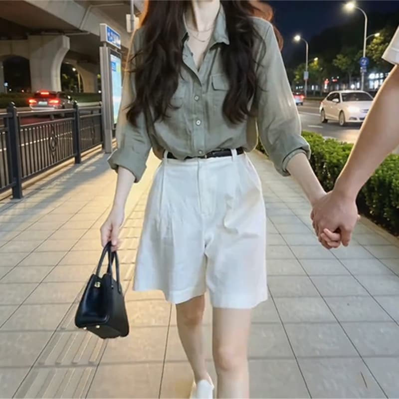 하이웨이스트 플리츠 5 점 와이드 레그 팬츠 경기 폴로 칼라 더블 가방 긴팔 오픈 가디건 일상 세트 완료 착용 가져 가라. 2026 여름 새로운 이미지 3