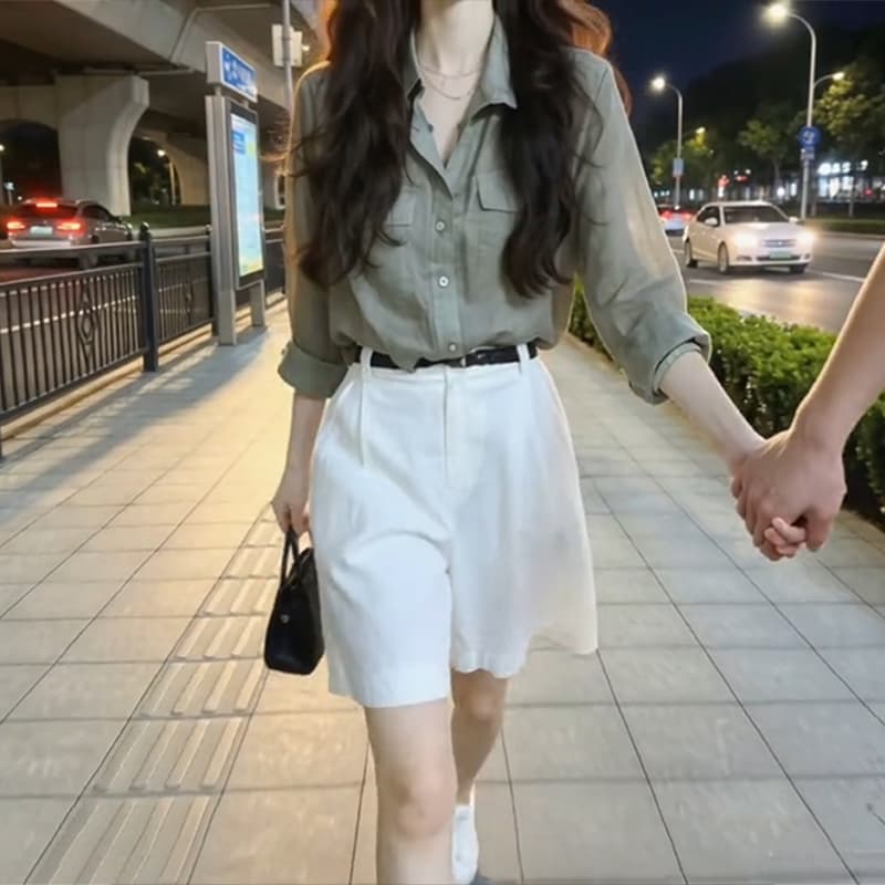 하이웨이스트 플리츠 5 점 와이드 레그 팬츠 경기 폴로 칼라 더블 가방 긴팔 오픈 가디건 일상 세트 완료 착용 가져 가라. 2026 여름 새로운 상세 이미지 4