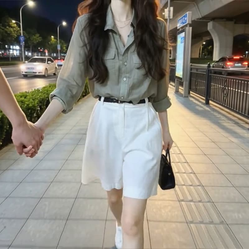 하이웨이스트 플리츠 5 점 와이드 레그 팬츠 경기 폴로 칼라 더블 가방 긴팔 오픈 가디건 일상 세트 완료 착용 가져 가라. 2026 여름 새로운 상세 이미지 3