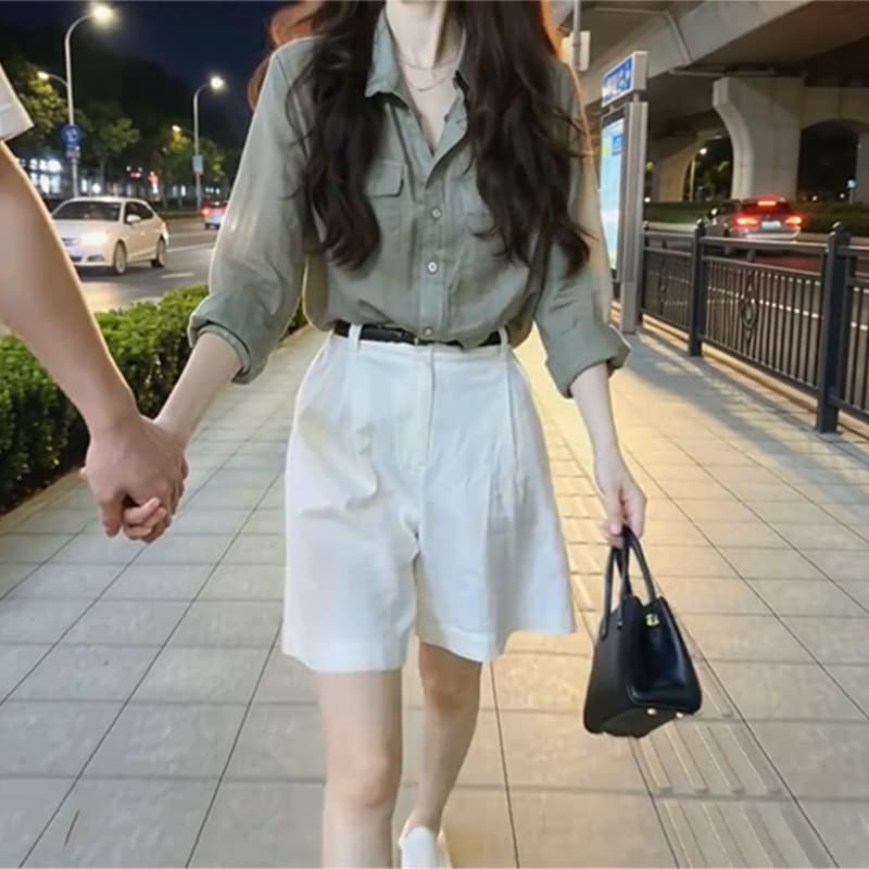 하이웨이스트 플리츠 5 점 와이드 레그 팬츠 경기 폴로 칼라 더블 가방 긴팔 오픈 가디건 일상 세트 완료 착용 가져 가라. 2026 여름 새로운 상세 이미지 6