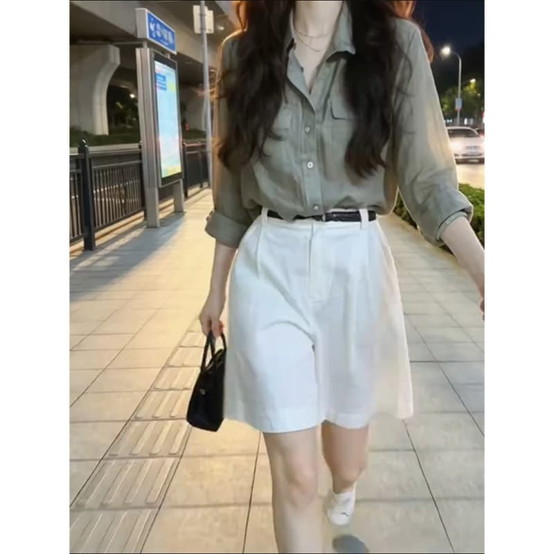 하이웨이스트 플리츠 5 점 와이드 레그 팬츠 경기 폴로 칼라 더블 가방 긴팔 오픈 가디건 일상 세트 완료 착용 가져 가라. 2026 여름 새로운 상세 이미지 5