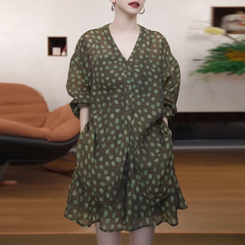 레트로 짙은 녹색 도트 무늬 V넥 오픈 가디건 세트 여성 루즈핏 벌룬 소매 블라우스 하이웨이스트 반신 미니 스커트 투피스 세트 트렌디 이미지 5
