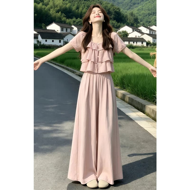 향기로운 듀오 숲의 방 저녁 바람 2026 여름 새로운 느긋한 바람 달콤함 셔츠 품격 다용도 캐주얼 바지 세트 상세 이미지 4