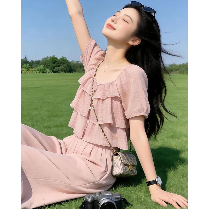 향기로운 듀오 숲의 방 저녁 바람 2026 여름 새로운 느긋한 바람 달콤함 셔츠 품격 다용도 캐주얼 바지 세트 이미지 3