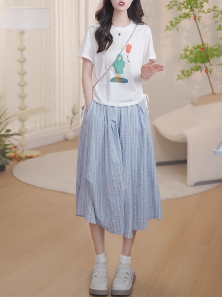 작은 청신 소녀 세트 여성 2026 여름 만화 프린트 반팔 티셔츠 체크무늬 넓은 다리 캐주얼 바지 투피스 세트 상세 이미지 3