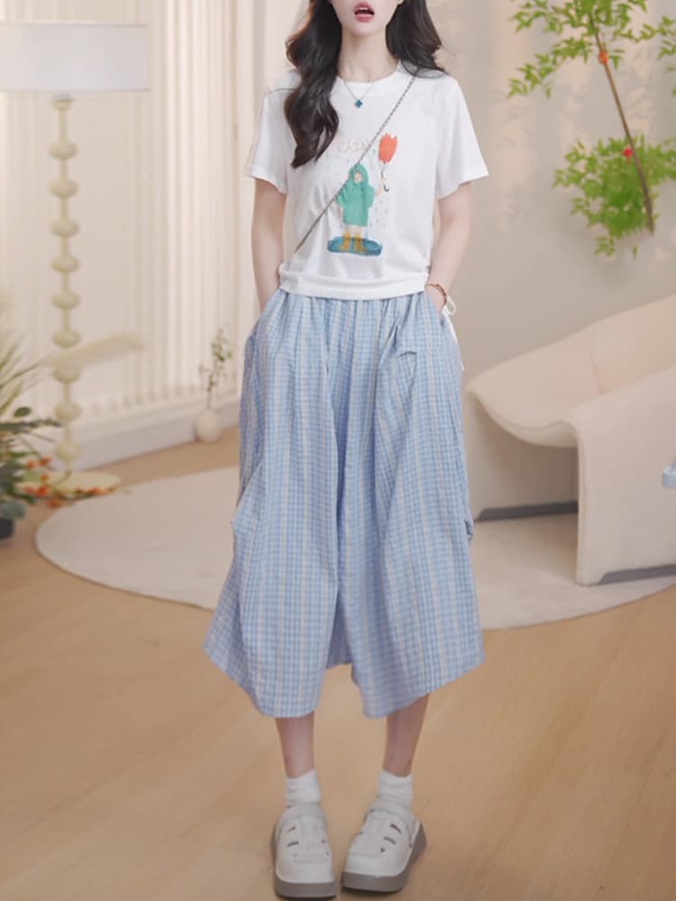 작은 청신 소녀 세트 여성 2026 여름 만화 프린트 반팔 티셔츠 체크무늬 넓은 다리 캐주얼 바지 투피스 세트 상세 이미지 4