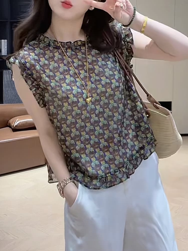 2026 년 여름 새로운 디자인 센스 작은 대중 레트로 꽃무늬 프릴 민소매 여성 셔츠 패션 다용도 옷 상세 이미지 3