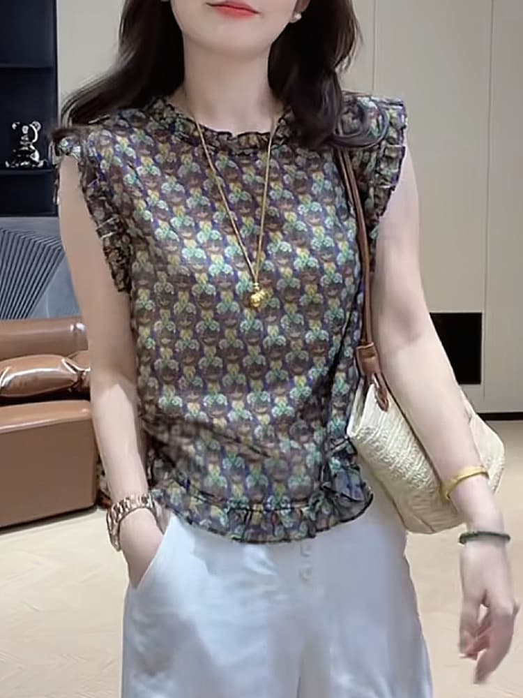 2026 년 여름 새로운 디자인 센스 작은 대중 레트로 꽃무늬 프릴 민소매 여성 셔츠 패션 다용도 옷 상세 이미지 4