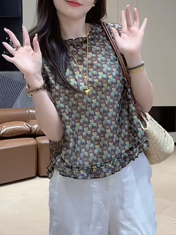 2026 년 여름 새로운 디자인 센스 작은 대중 레트로 꽃무늬 프릴 민소매 여성 셔츠 패션 다용도 옷 상세 이미지 5