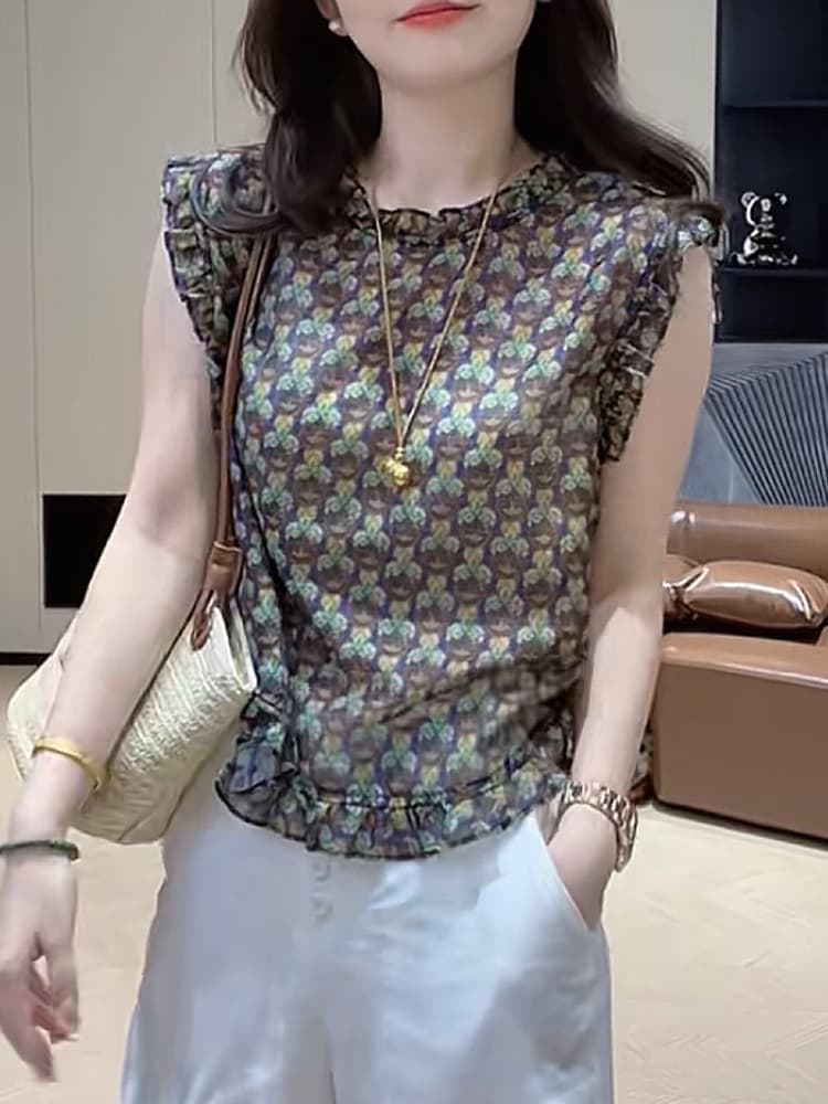 2026 년 여름 새로운 디자인 센스 작은 대중 레트로 꽃무늬 프릴 민소매 여성 셔츠 패션 다용도 옷 상세 이미지 6