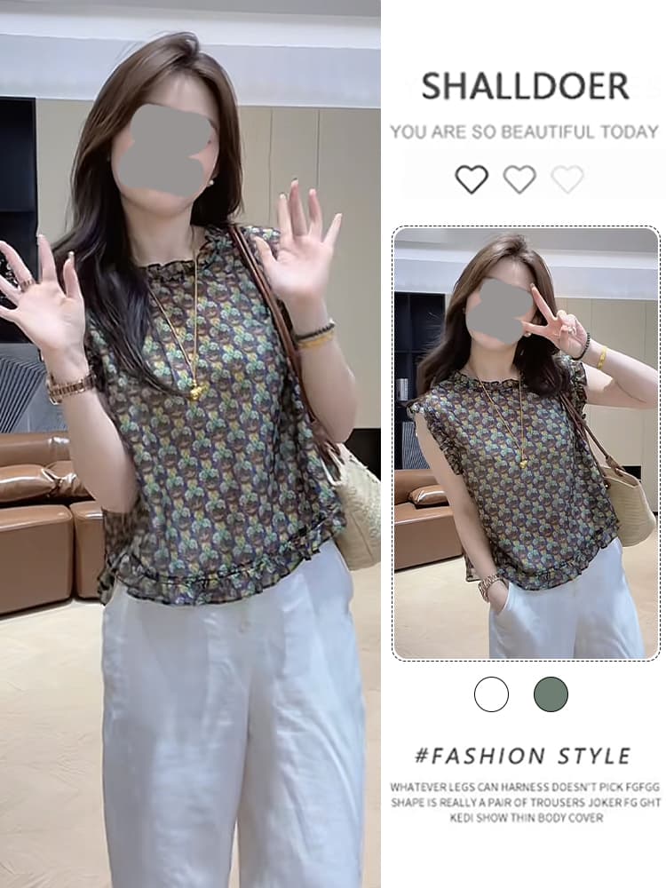 2026 년 여름 새로운 디자인 센스 작은 대중 레트로 꽃무늬 프릴 민소매 여성 셔츠 패션 다용도 옷 상세 이미지 7