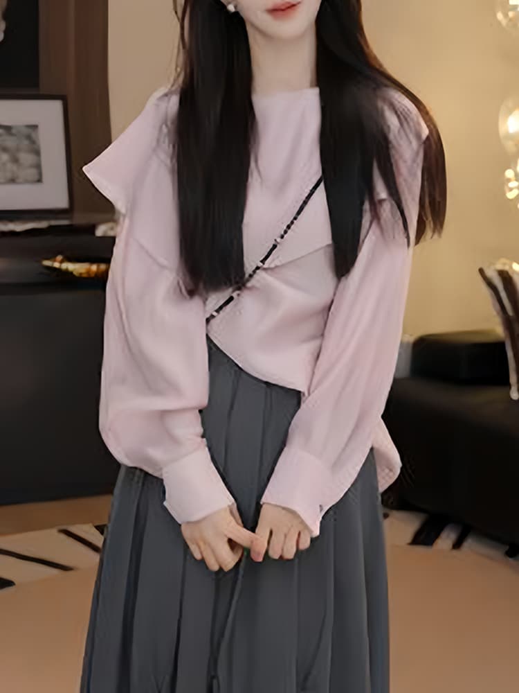 패션 단색 디자인 센스 긴팔 여성 셔츠 2026 가을 새로운 작은 대중 패션 외국 가스 슬림해 보이는 다용도 옷 상세 이미지 2