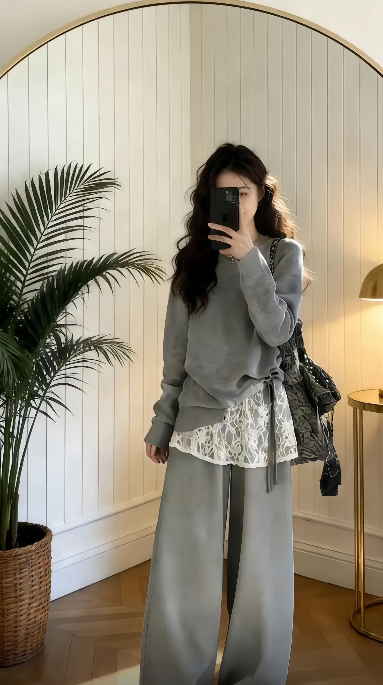 한 부서 chic 세트 느긋한 바람 패치워크 페이크 레이어드 맨위 슬림해 보이는 느슨함 센스 캐주얼 와이드 레그 팬츠 두 조각 여성 세트 상세 이미지 2