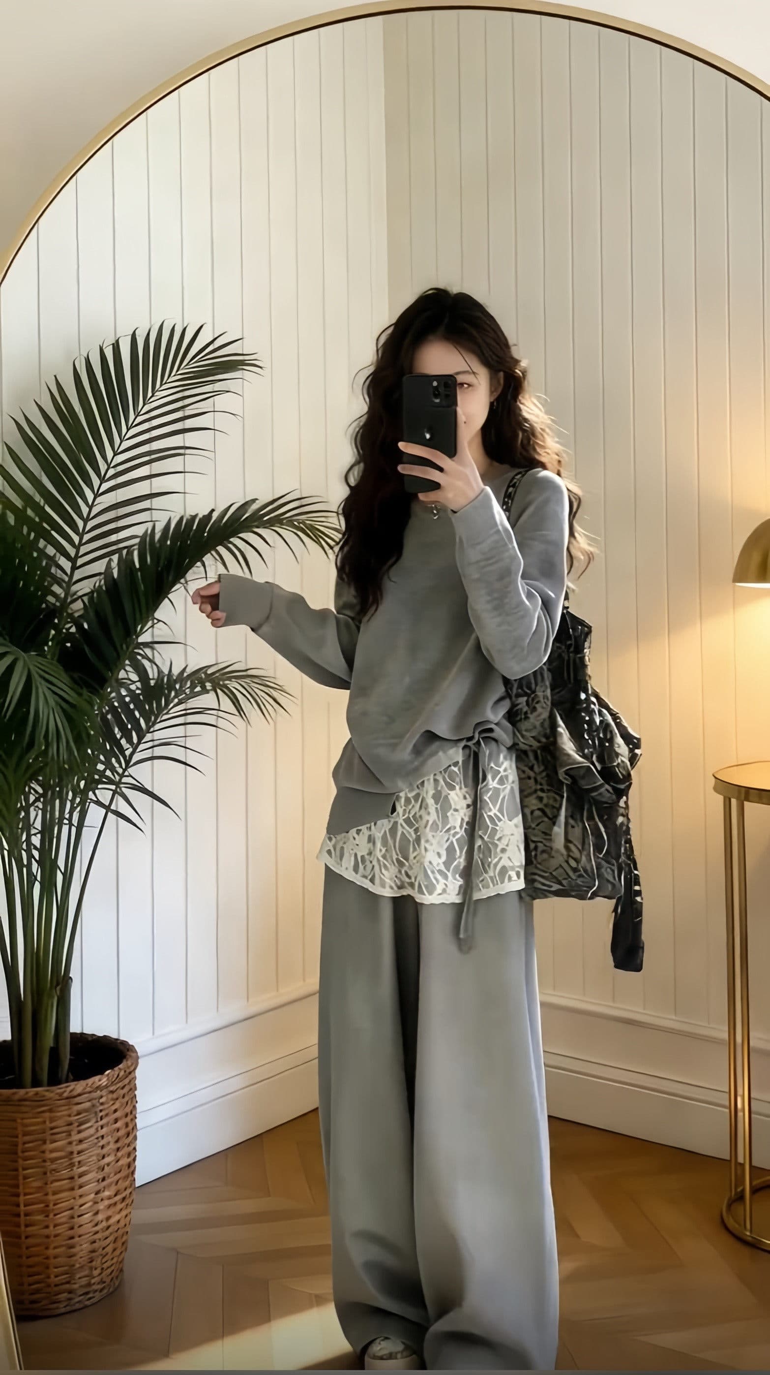 한 부서 chic 세트 느긋한 바람 패치워크 페이크 레이어드 맨위 슬림해 보이는 느슨함 센스 캐주얼 와이드 레그 팬츠 두 조각 여성 세트 상세 이미지 3