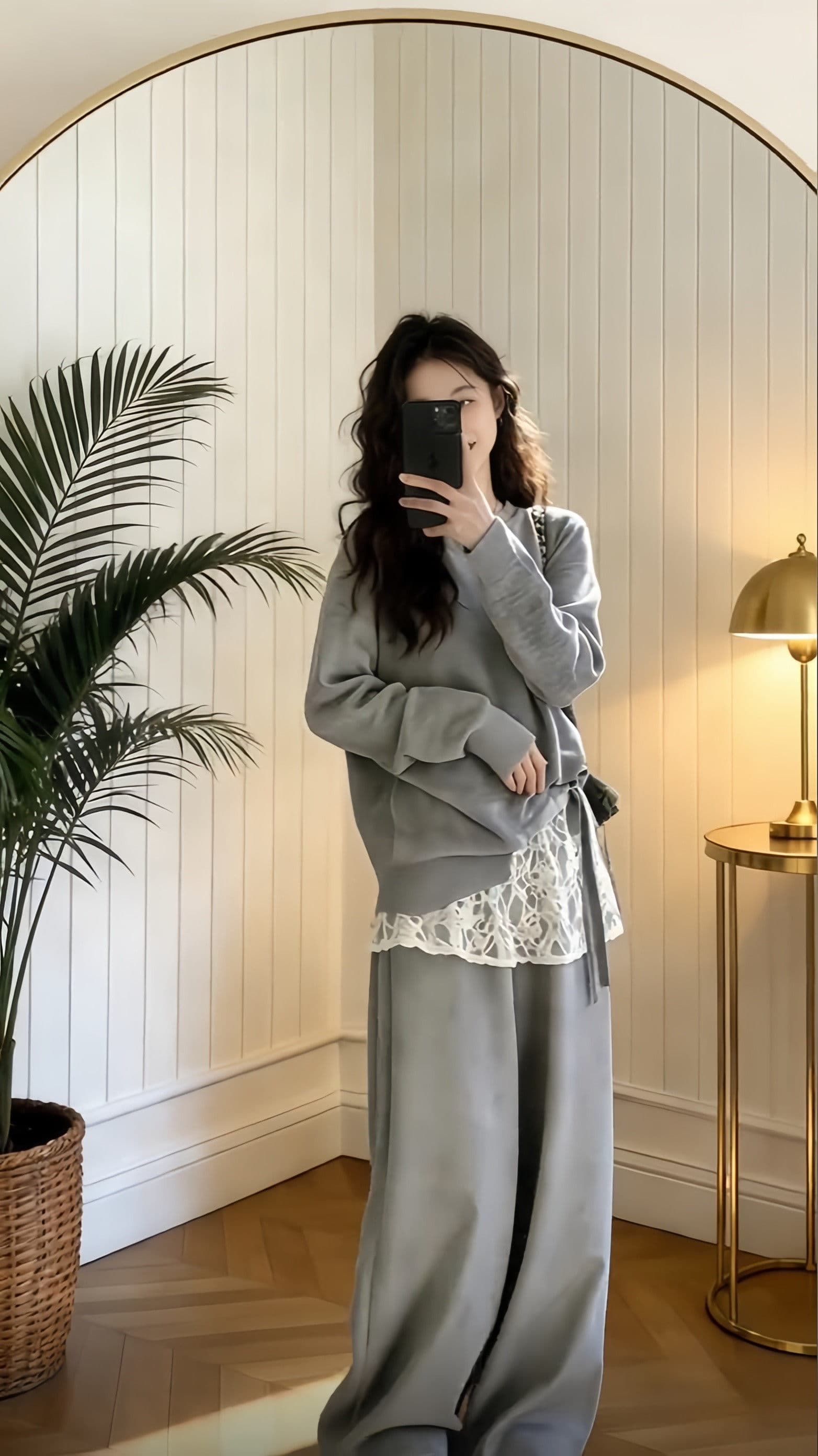 한 부서 chic 세트 느긋한 바람 패치워크 페이크 레이어드 맨위 슬림해 보이는 느슨함 센스 캐주얼 와이드 레그 팬츠 두 조각 여성 세트 상세 이미지 4