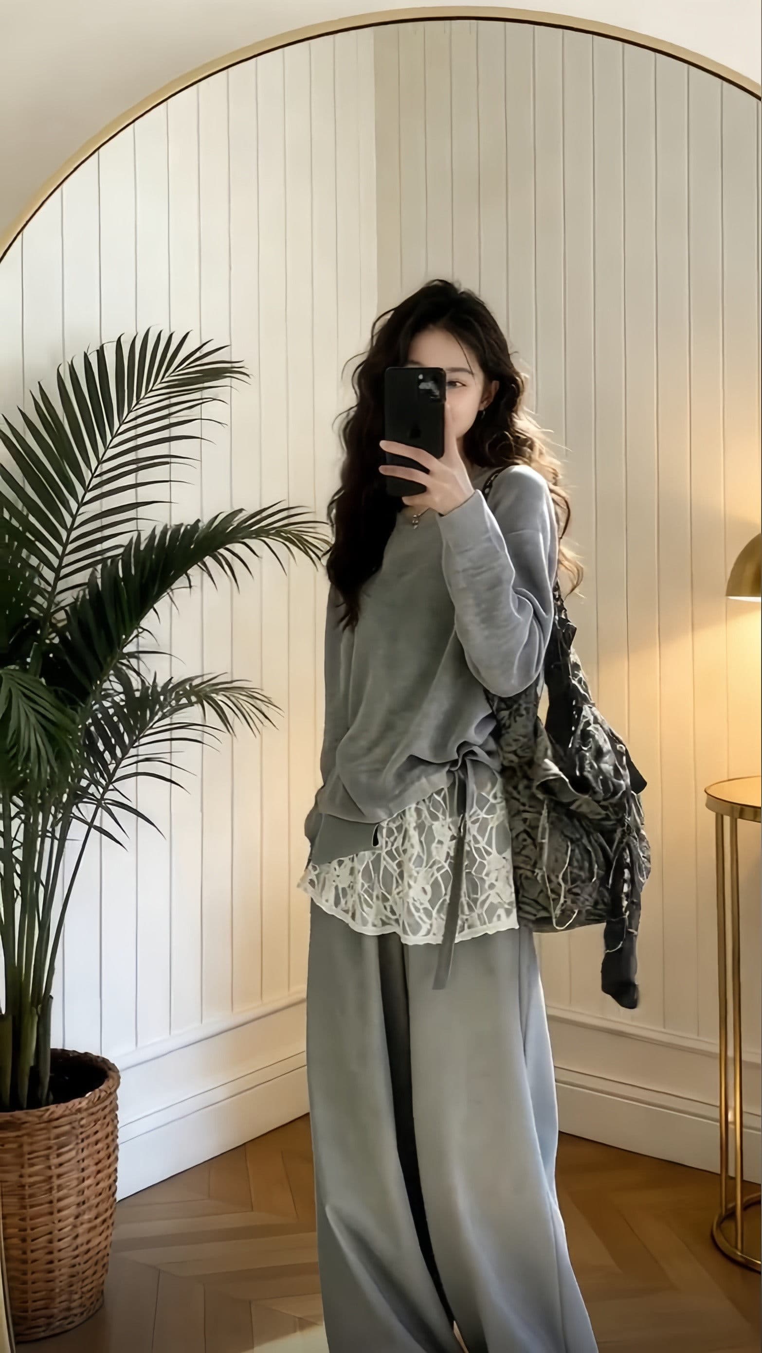 한 부서 chic 세트 느긋한 바람 패치워크 페이크 레이어드 맨위 슬림해 보이는 느슨함 센스 캐주얼 와이드 레그 팬츠 두 조각 여성 세트 상세 이미지 5