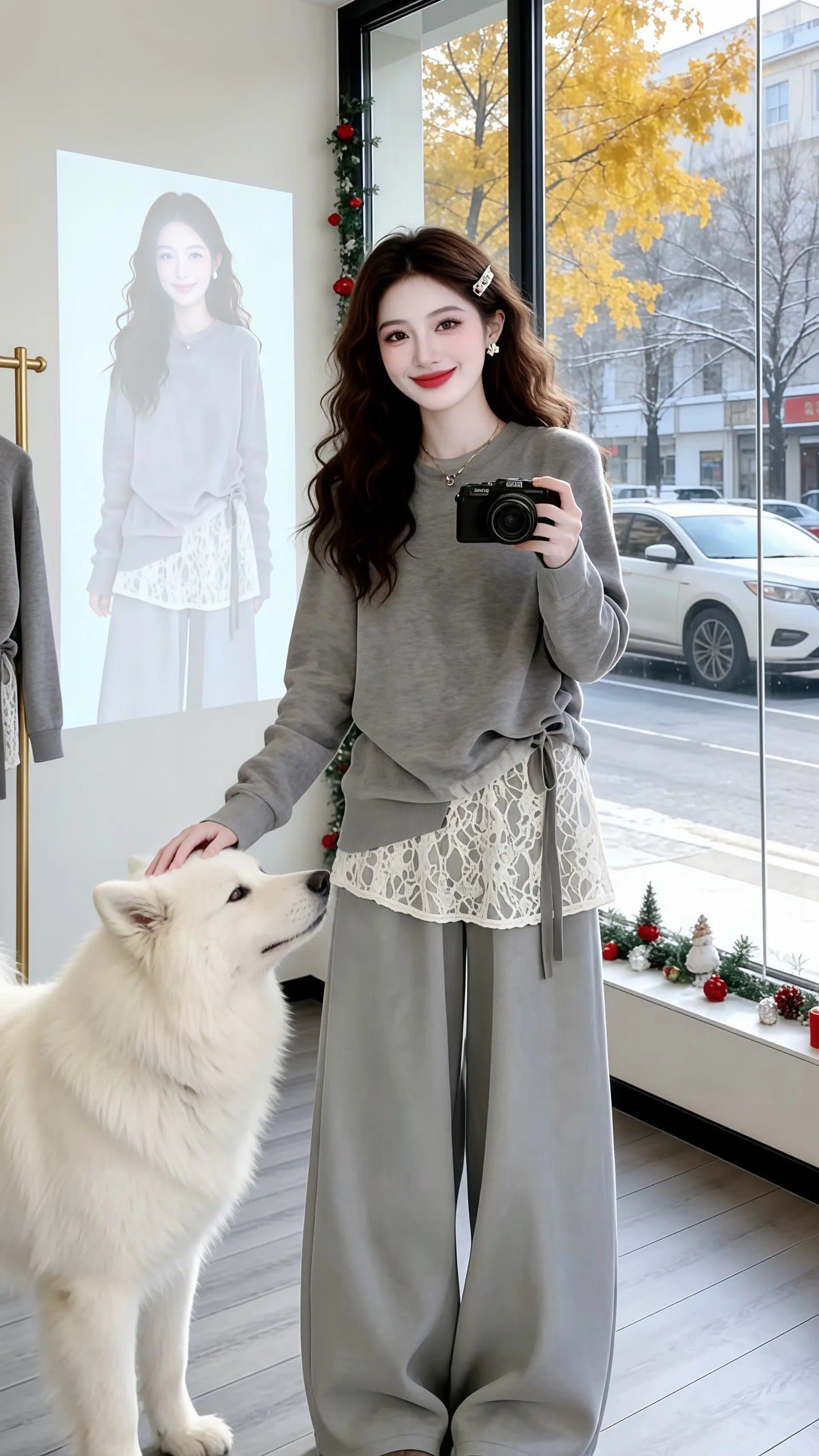 한 부서 chic 세트 느긋한 바람 패치워크 페이크 레이어드 맨위 슬림해 보이는 느슨함 센스 캐주얼 와이드 레그 팬츠 두 조각 여성 세트 상세 이미지 3
