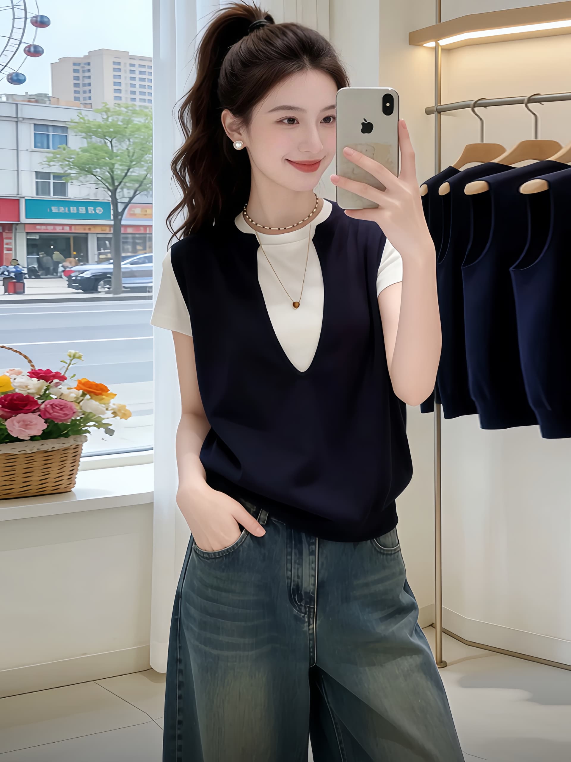 고급 센스 페이크 레이어드 반팔 티셔츠 여성 빅 사이즈 2026 여름 지방 mm 얇은 스타일 루즈핏 슬림해 보이는 맨위 상세 이미지 4