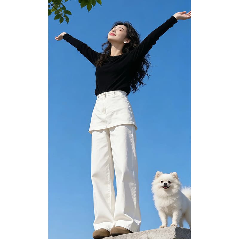 신선함 복숭아 화이트 한 부서 랩스커트팬츠 청바지 여성 봄 새로운 하이웨이스트 슬림해 보이는 와이드 레그 팬츠 어린이 상세 이미지 6