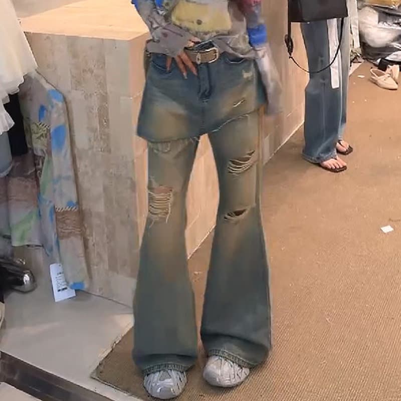 봄 새로운 여성 랩스커트팬츠 미니멀리즘 여가 여가 몸매 가꾸기 표지 고기 마이크로 나팔 청바지 하이웨이스트 슬림해 보이는 긴 바지 상세 이미지 2