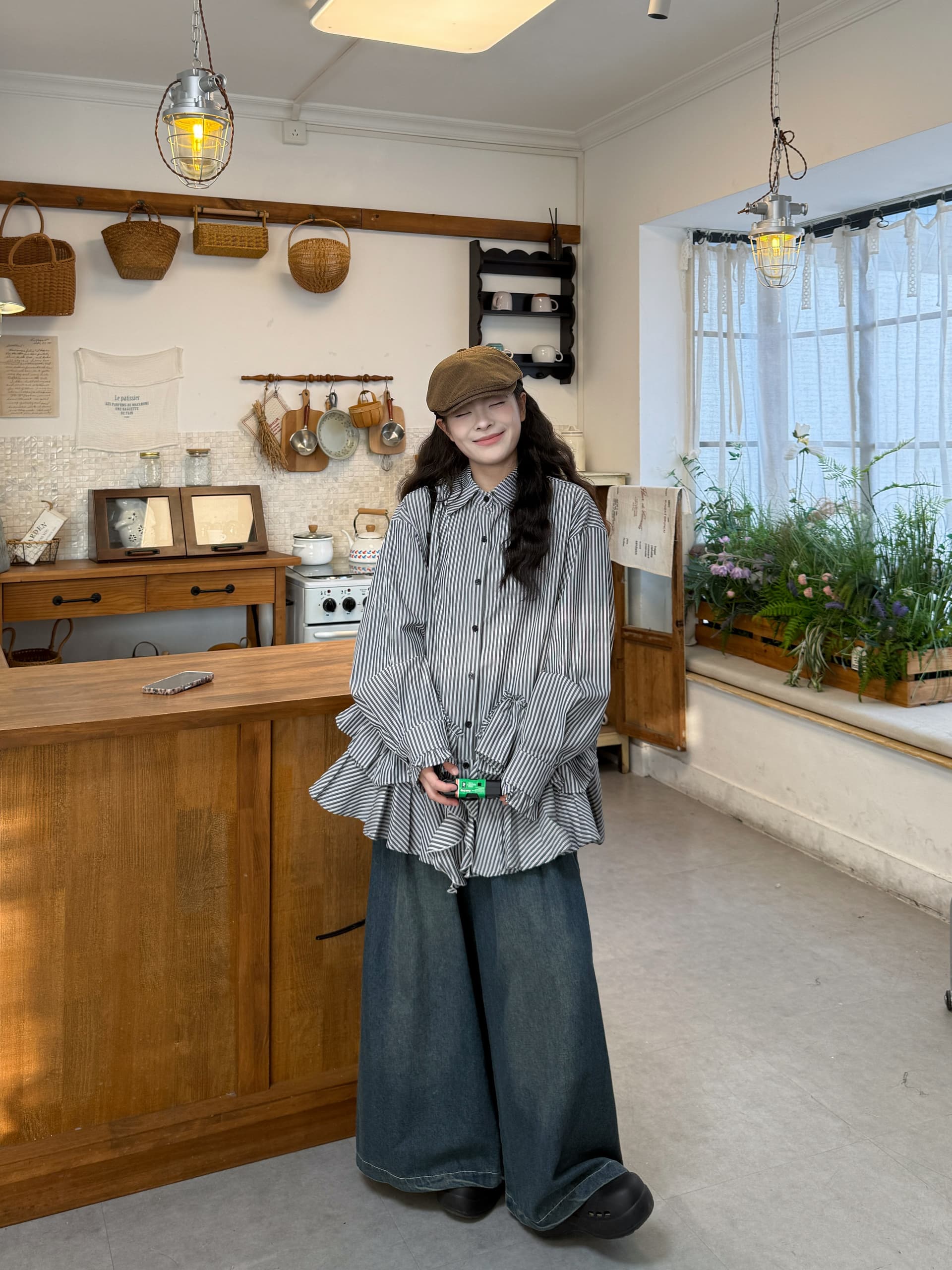 실사 선물 물품 루즈핏 스트라이프 긴팔 셔츠 넓은 다리 청바지 상세 이미지 3