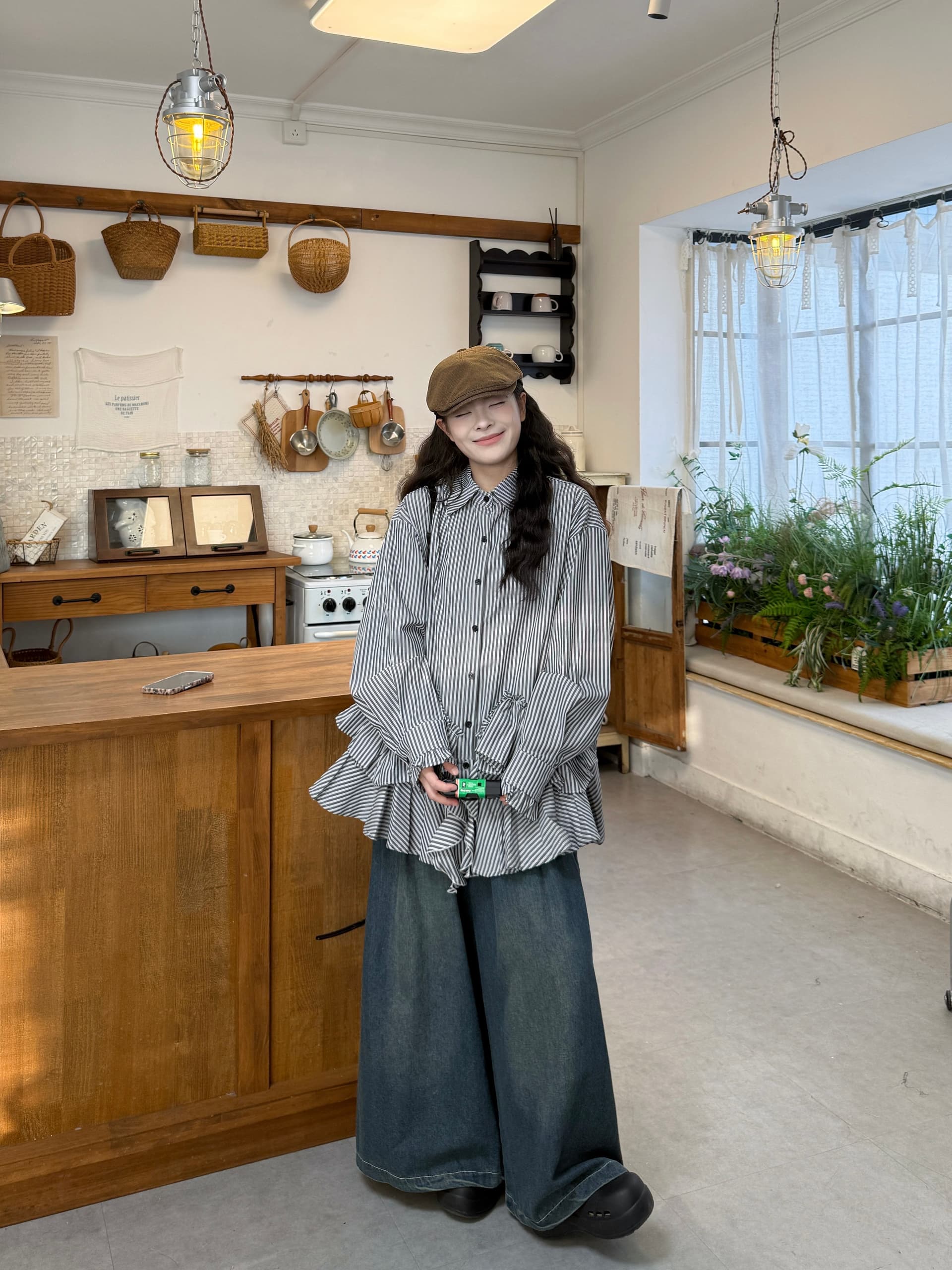 실사 선물 물품 루즈핏 스트라이프 긴팔 셔츠 넓은 다리 청바지