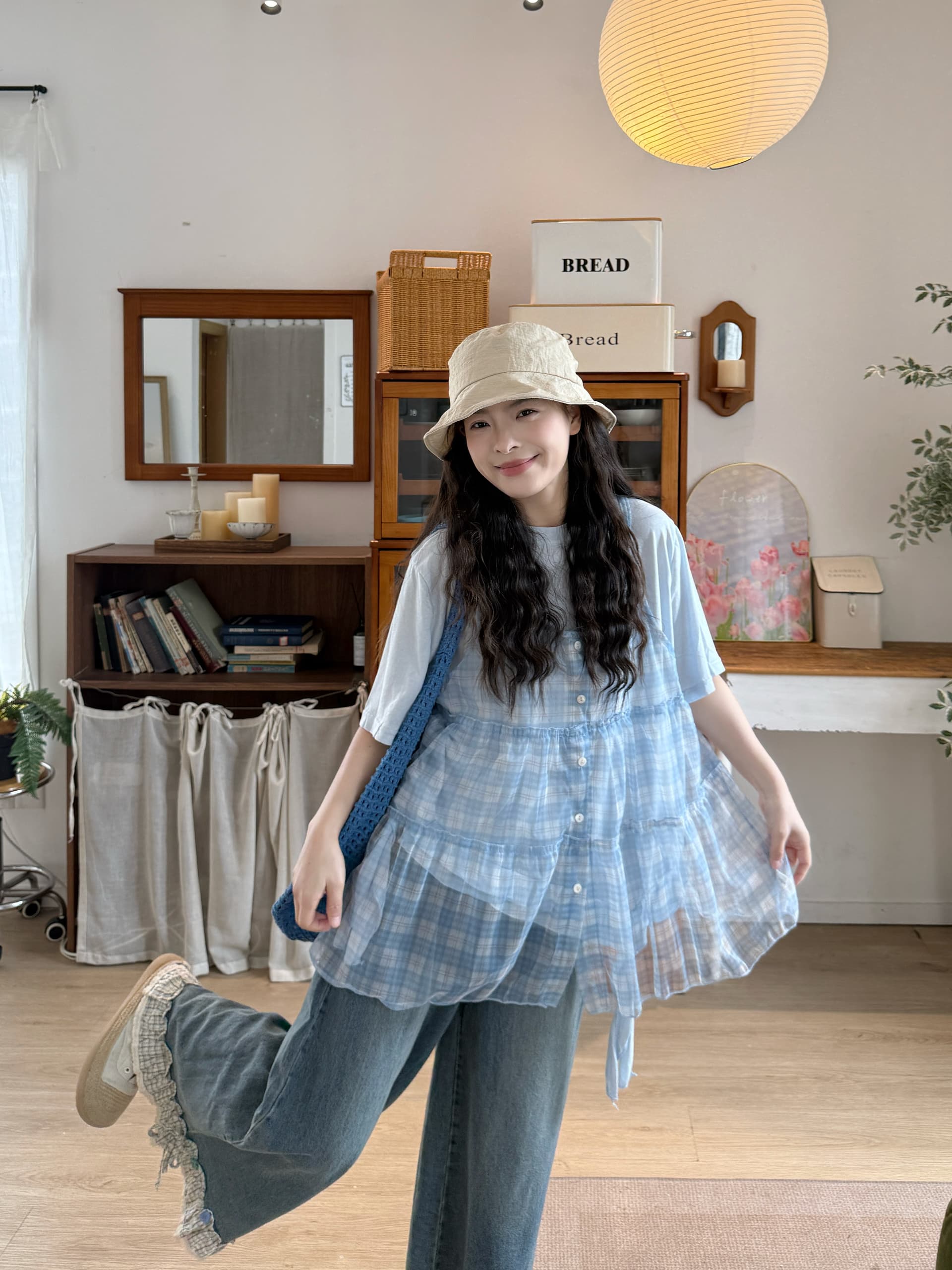 실사 선물 물품 체크무늬 슬립 반팔 만나는 티셔츠 청바지 상세 이미지 2