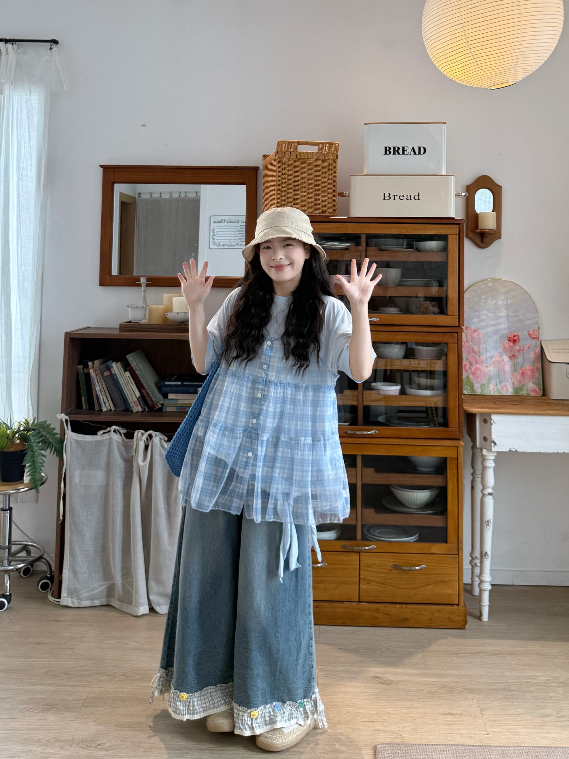 실사 선물 물품 체크무늬 슬립 반팔 만나는 티셔츠 청바지 상세 이미지 5