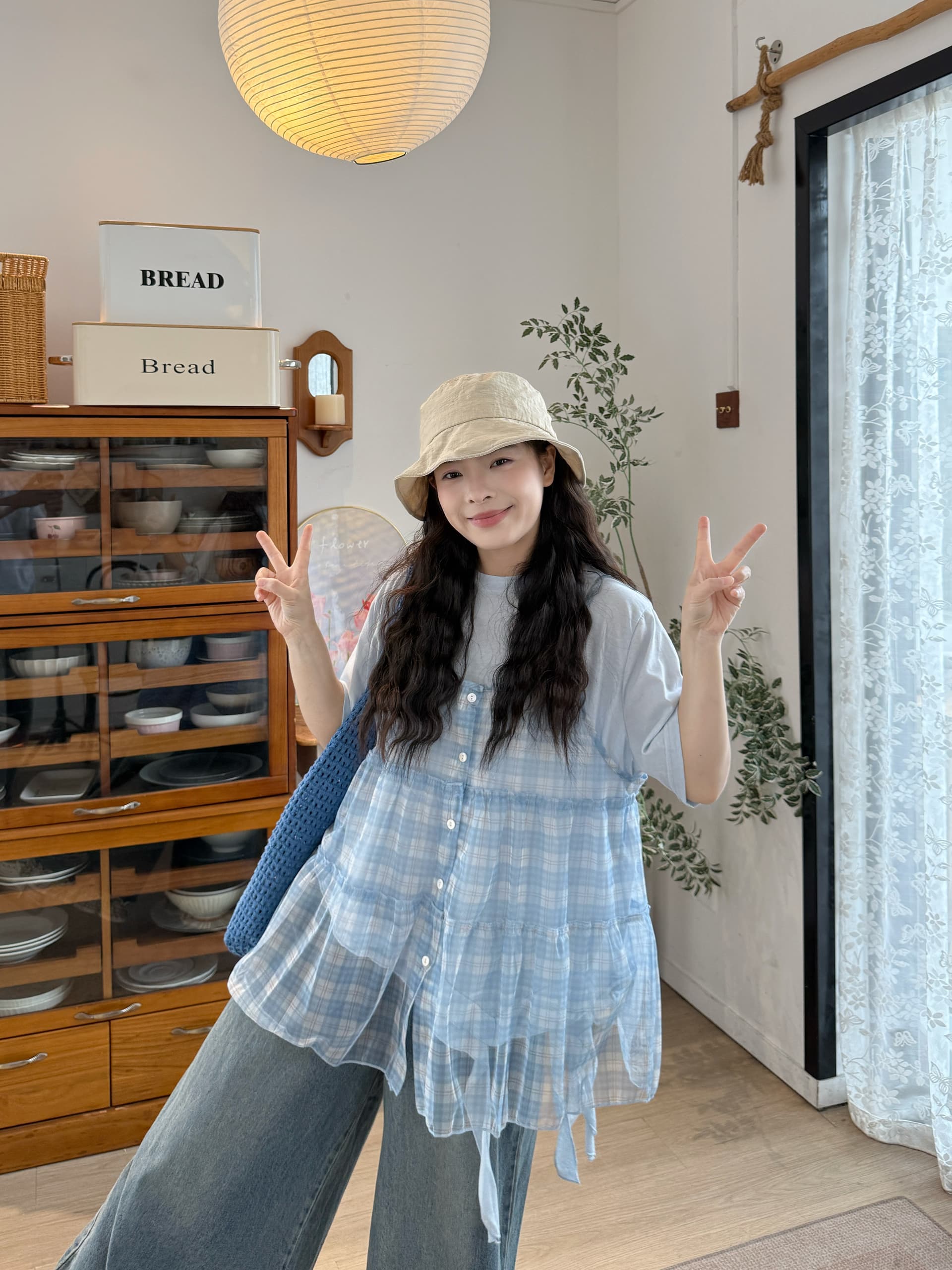 실사 선물 물품 체크무늬 슬립 반팔 만나는 티셔츠 청바지 상세 이미지 8