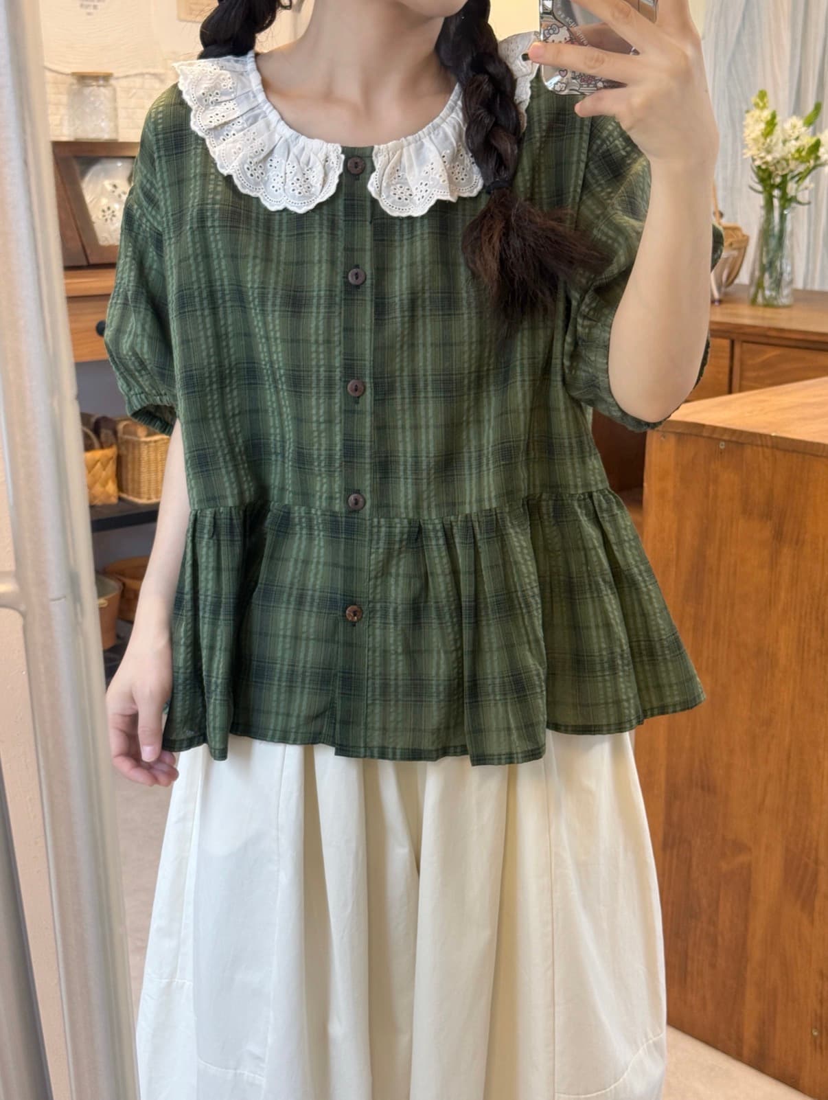 실사 선물 물품 레이스 베이비 칼라 루즈핏 반팔 셔츠 이미지 3