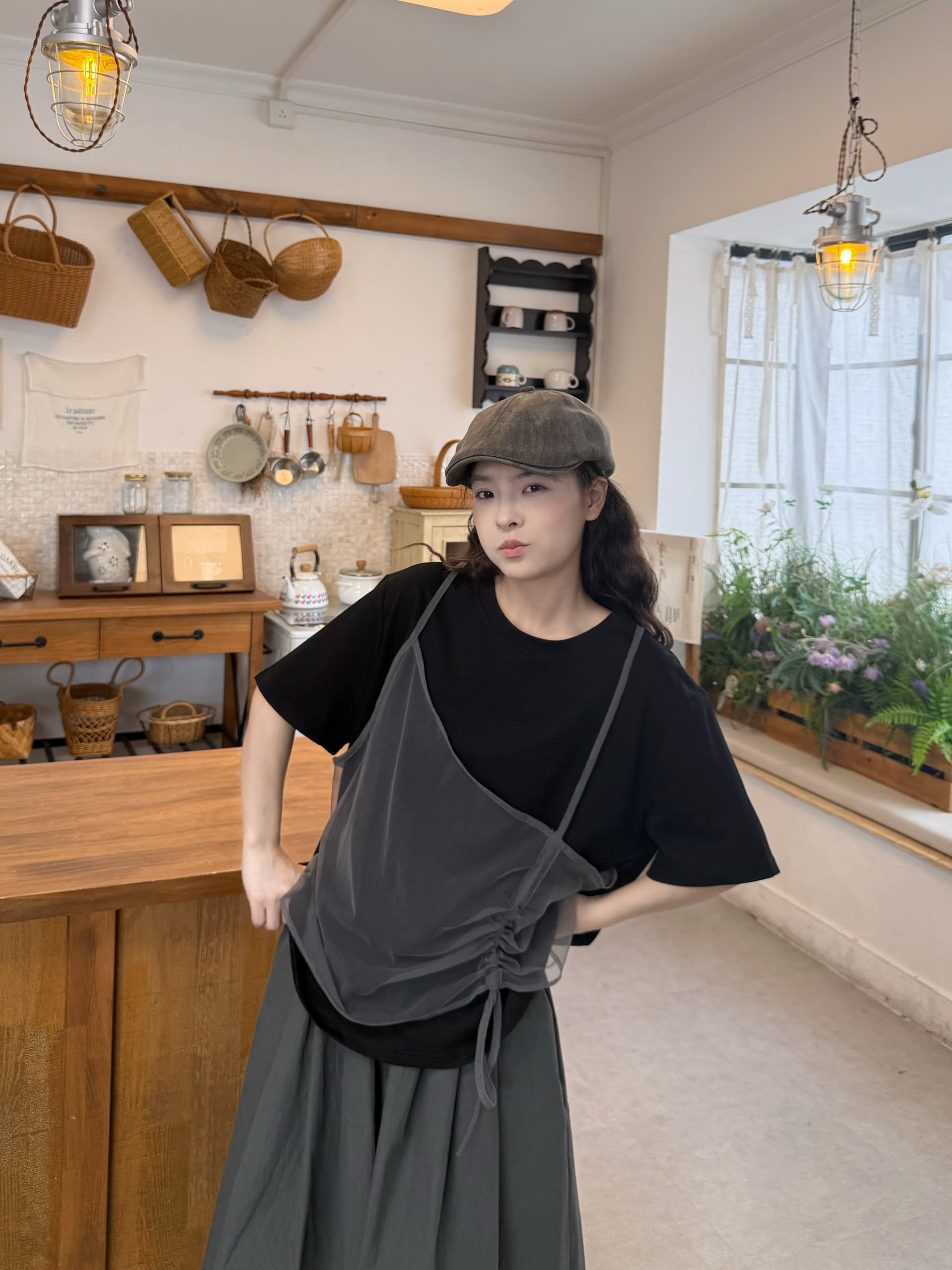 실사 선물 물품 망사 페이크 레이어드 반팔 티셔츠 8 점 바지 상세 이미지 5