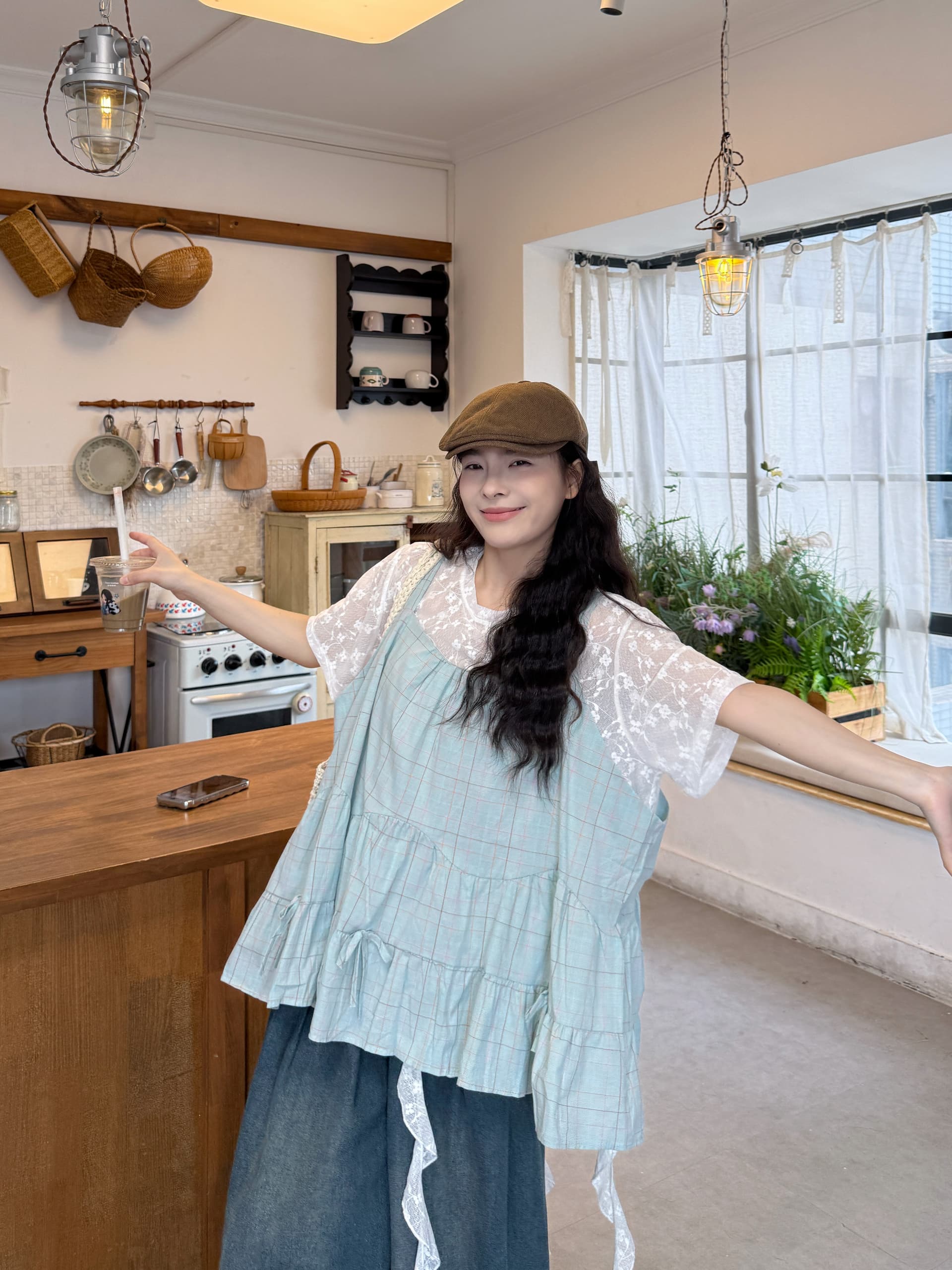 실사 체크무늬 베스트 불규칙 반팔 티셔츠 청바지 상세 이미지 4