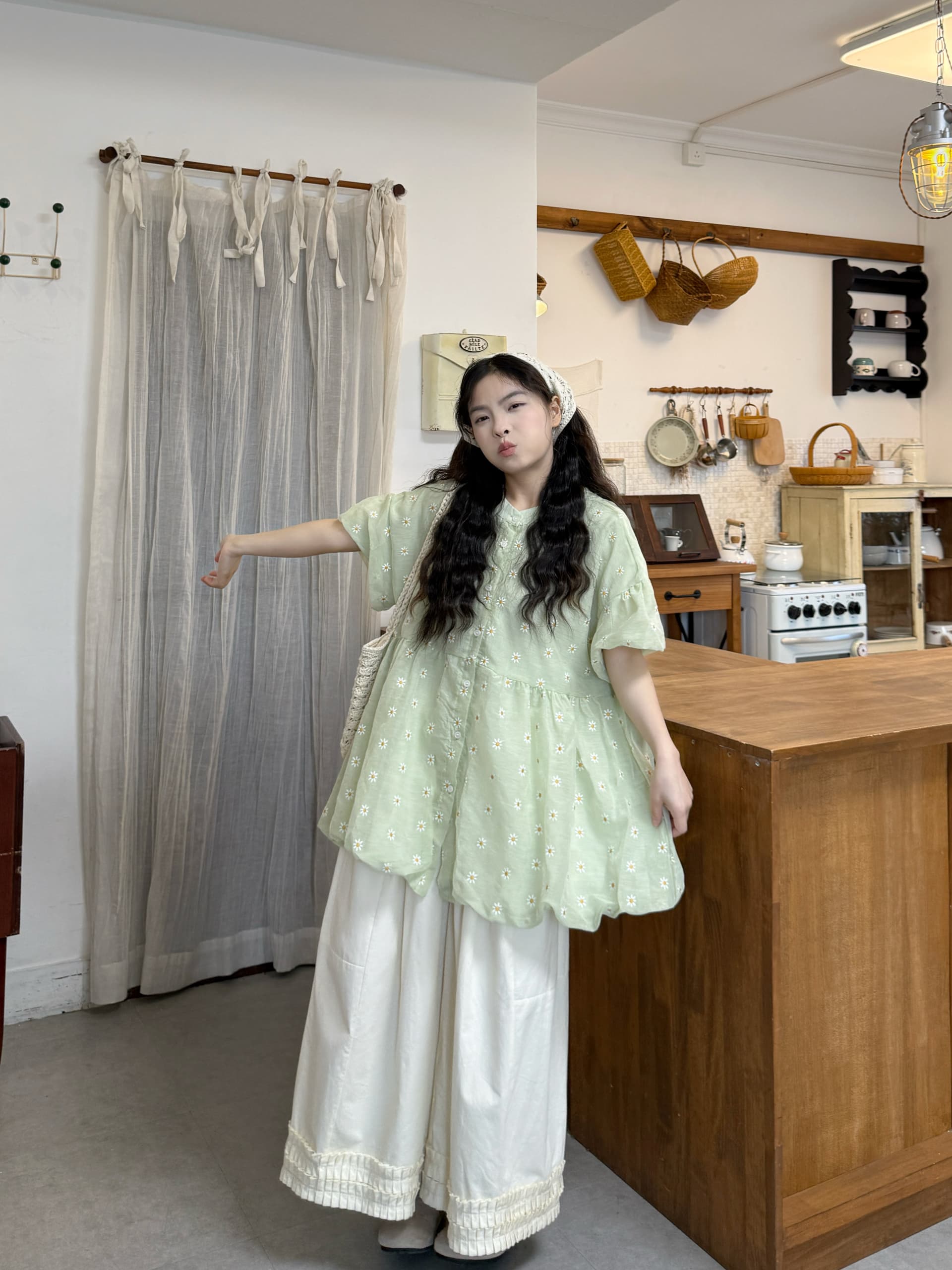 실사 자수 꽃 셔츠 레이스 바지 이미지 2