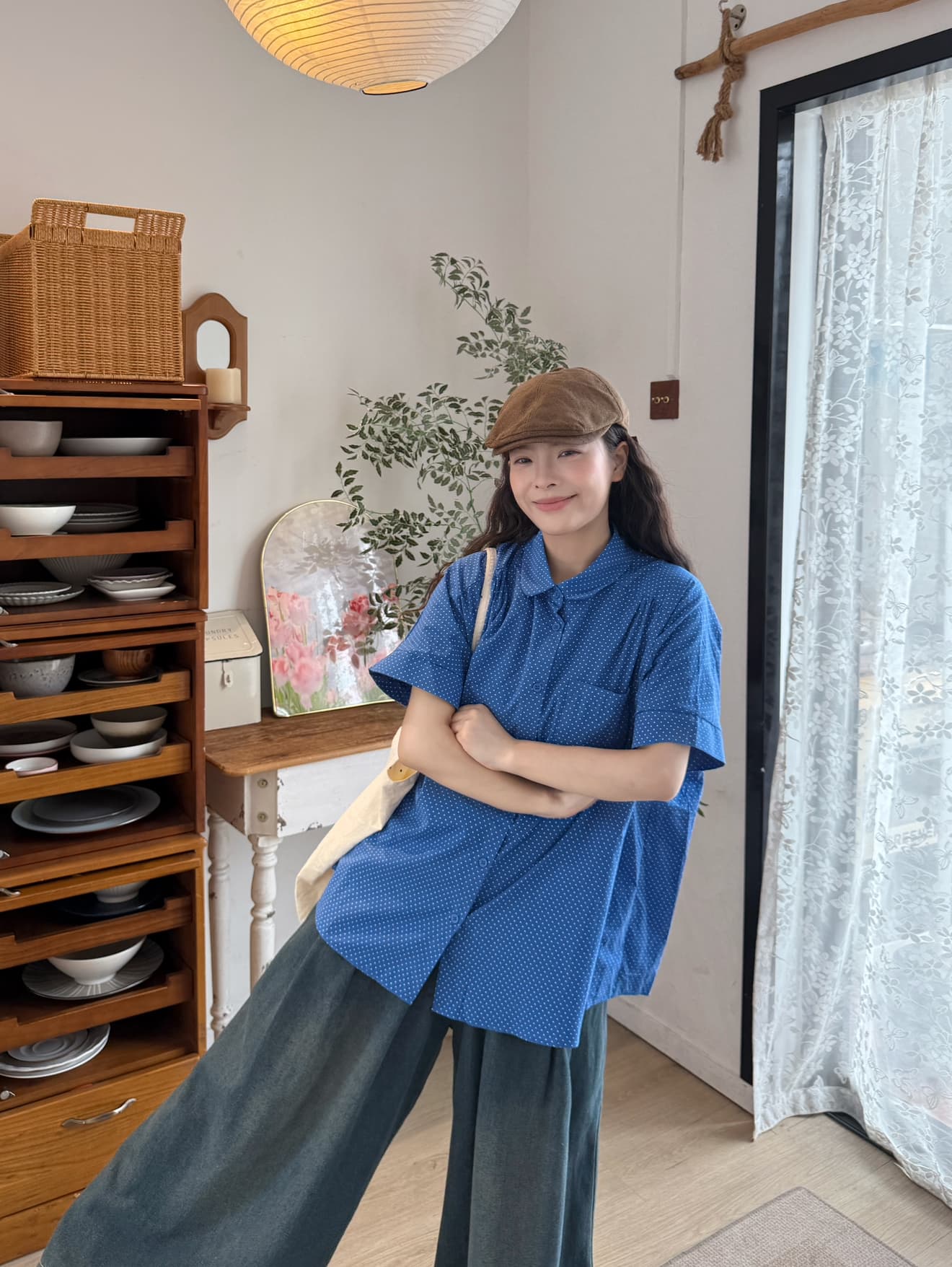 실사 도트 베이비 칼라 셔츠 청바지 상세 이미지 2