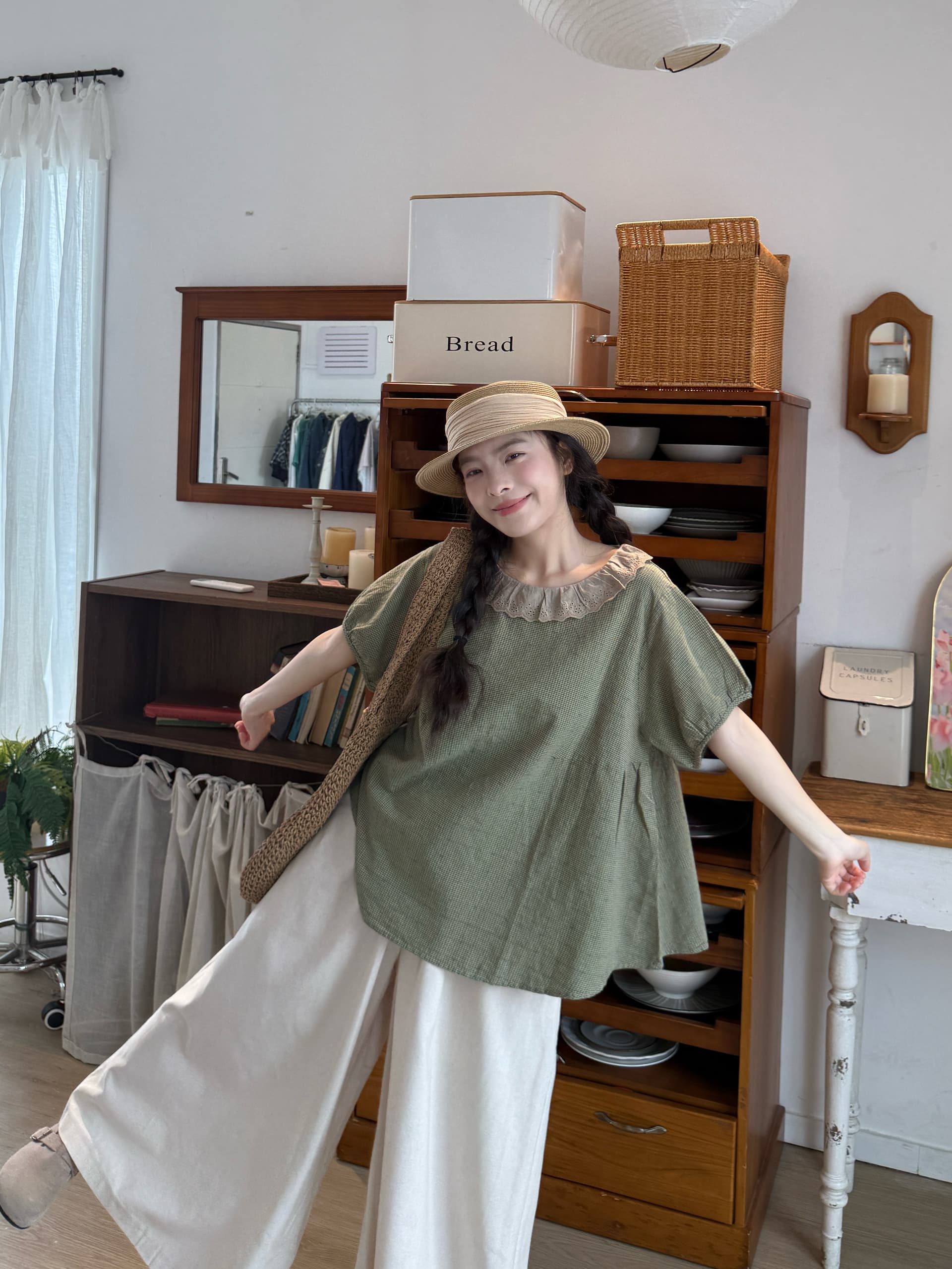 실사 레이스 칼라 반팔 셔츠 면 린넨 바지