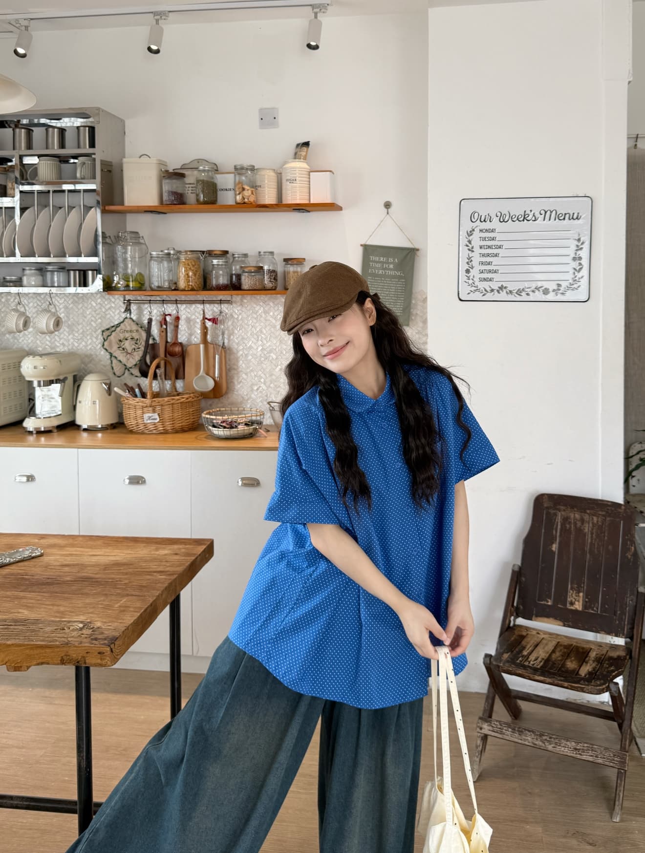 실사 도트 베이비 칼라 셔츠 청바지