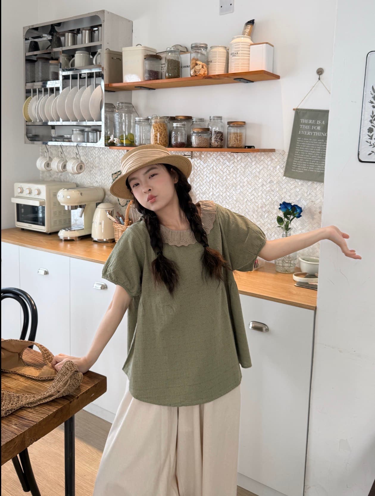 실사 레이스 칼라 반팔 셔츠 면 린넨 바지 상세 이미지 3