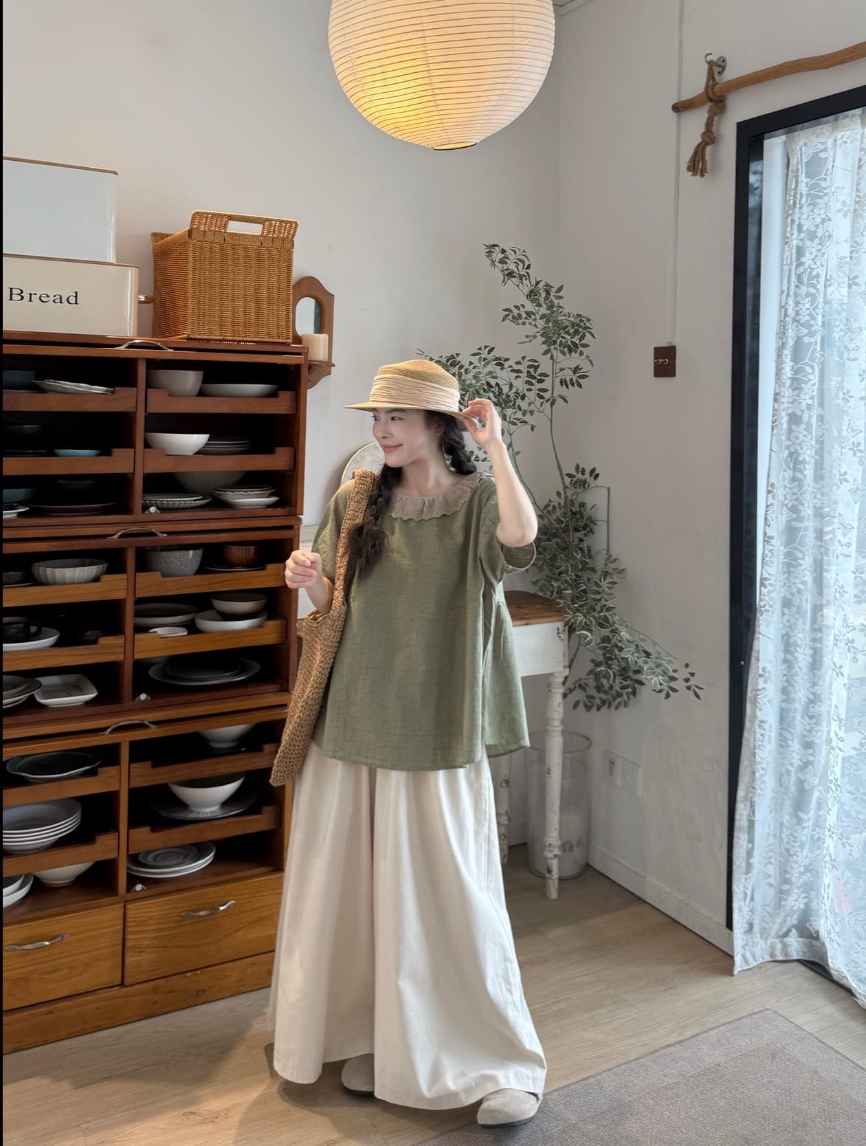 실사 레이스 칼라 반팔 셔츠 면 린넨 바지 상세 이미지 5