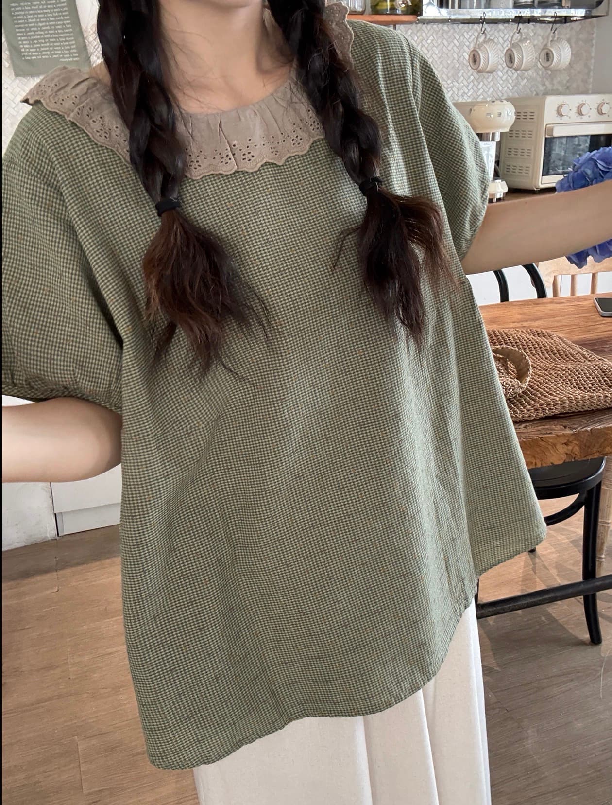 실사 레이스 칼라 반팔 셔츠 면 린넨 바지 상세 이미지 8