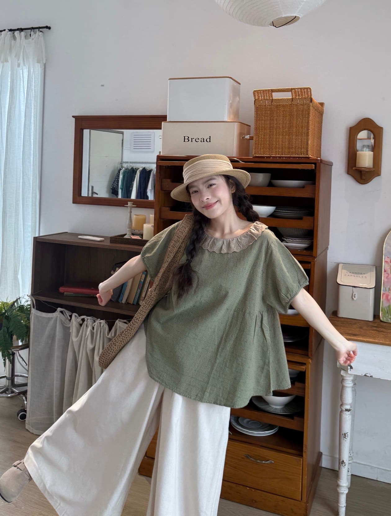 실사 레이스 칼라 반팔 셔츠 면 린넨 바지 상세 이미지 10
