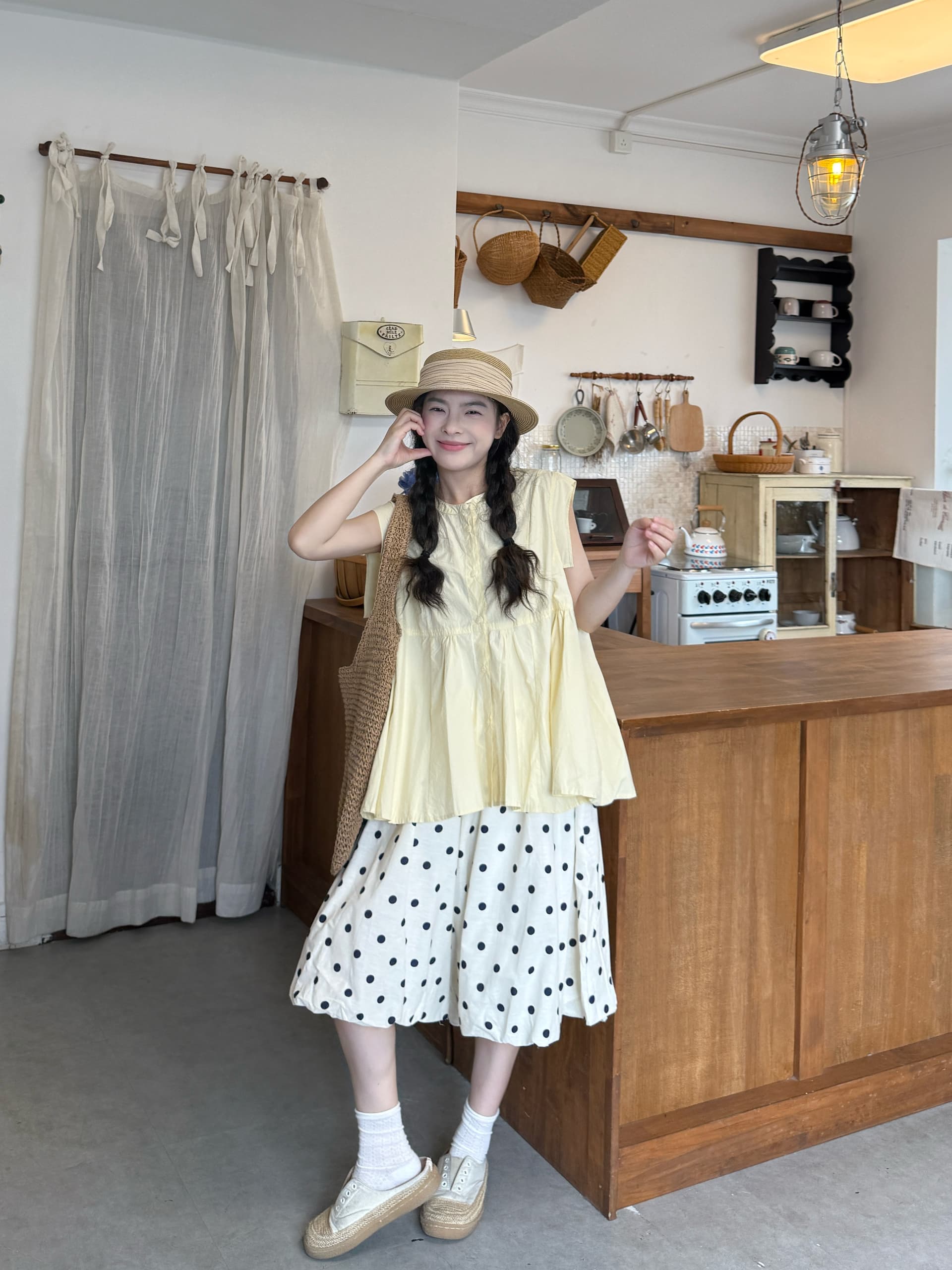 실사 Feifei 소매 반팔 셔츠 도트 꽃밭 바지 상세 이미지 2