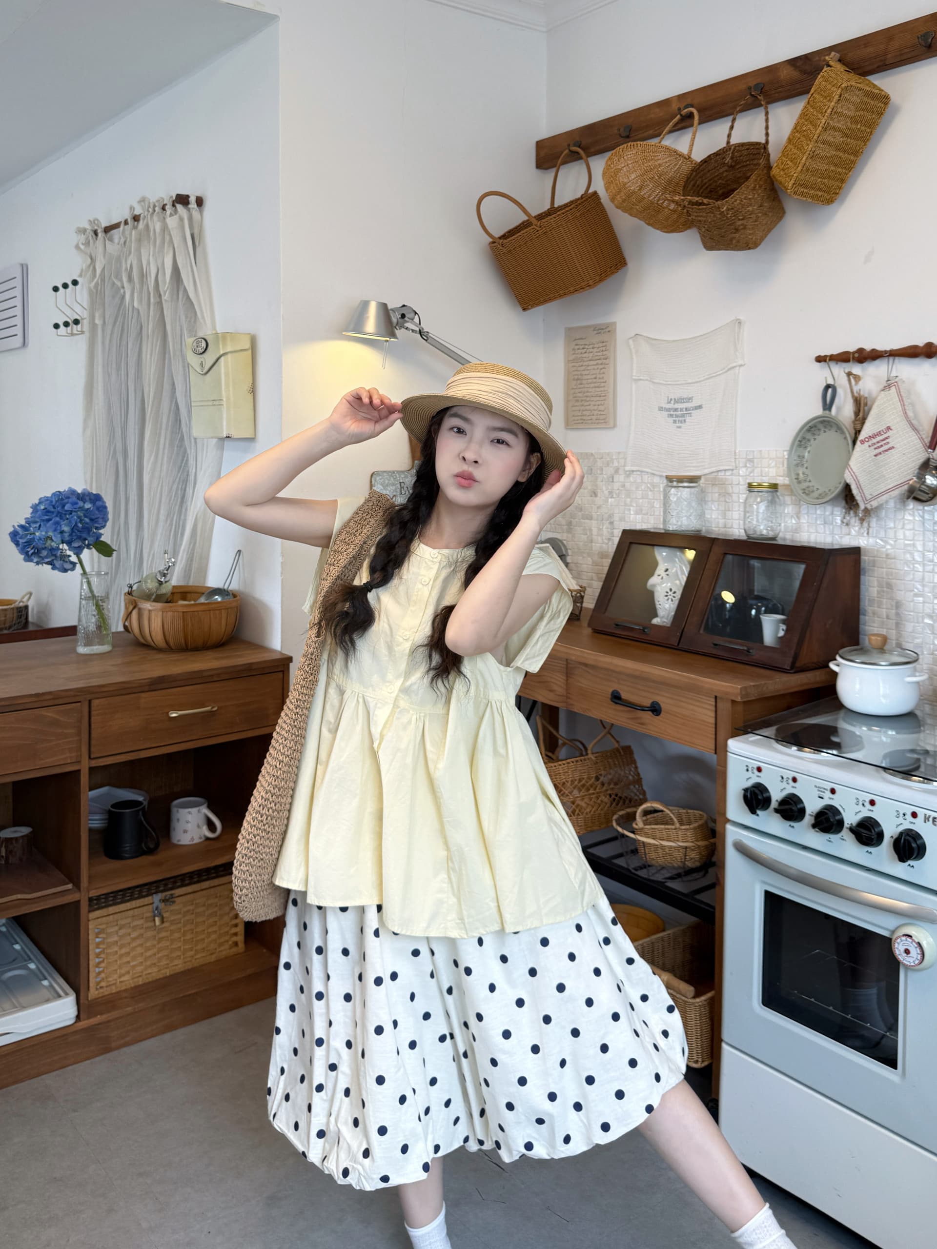 실사 Feifei 소매 반팔 셔츠 도트 꽃밭 바지 상세 이미지 6