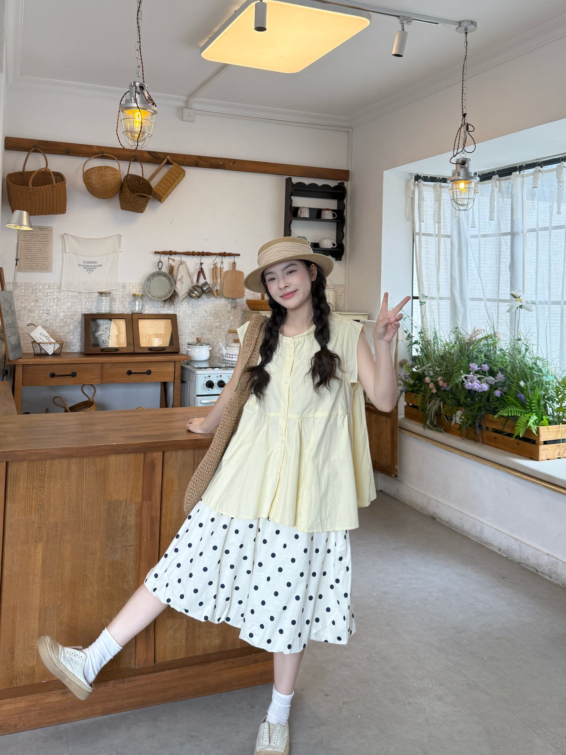 실사 Feifei 소매 반팔 셔츠 도트 꽃밭 바지 상세 이미지 9