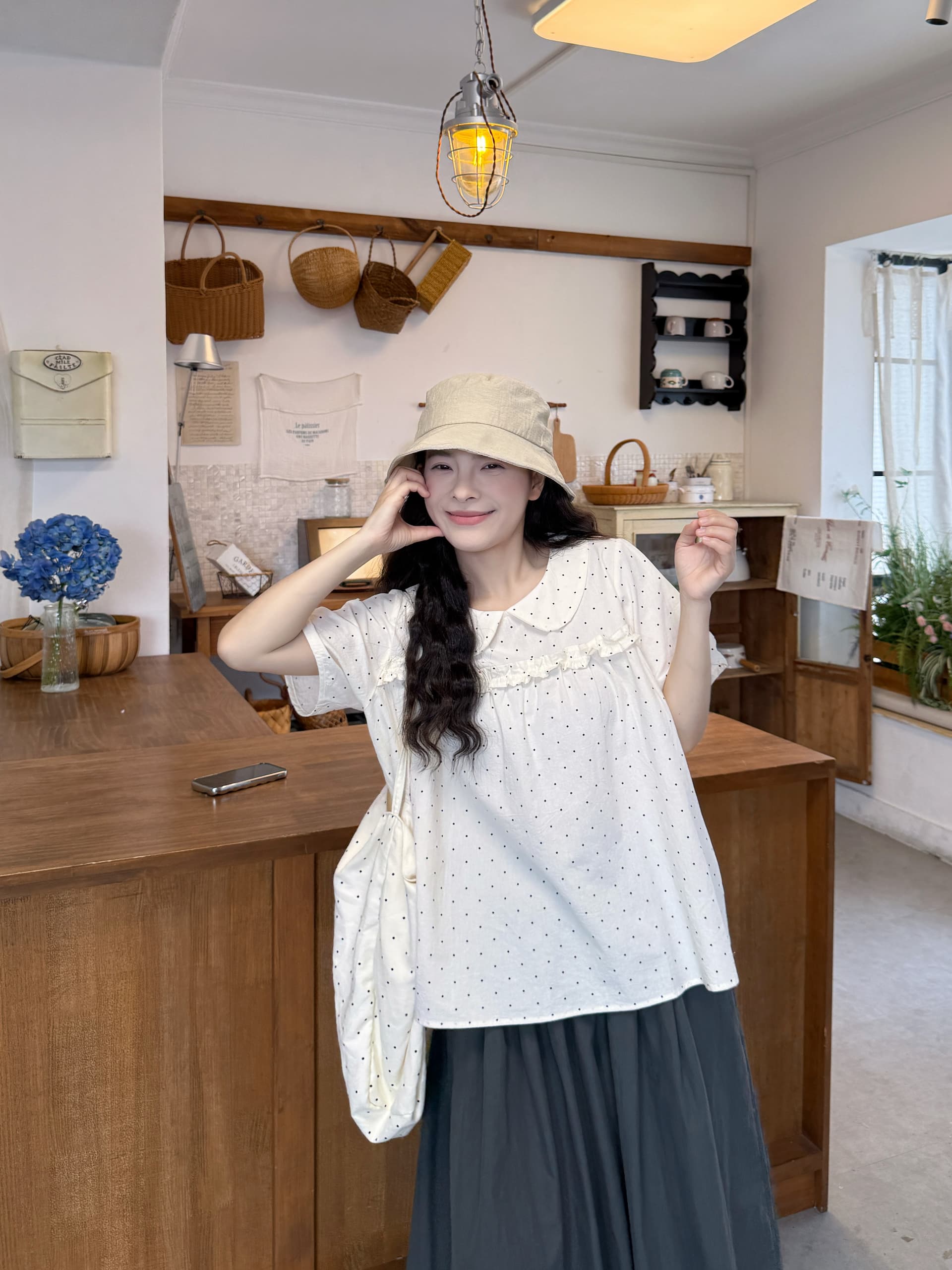 실사 베이비 칼라 도트 무늬 반팔 셔츠 8 점 바지 이미지 3