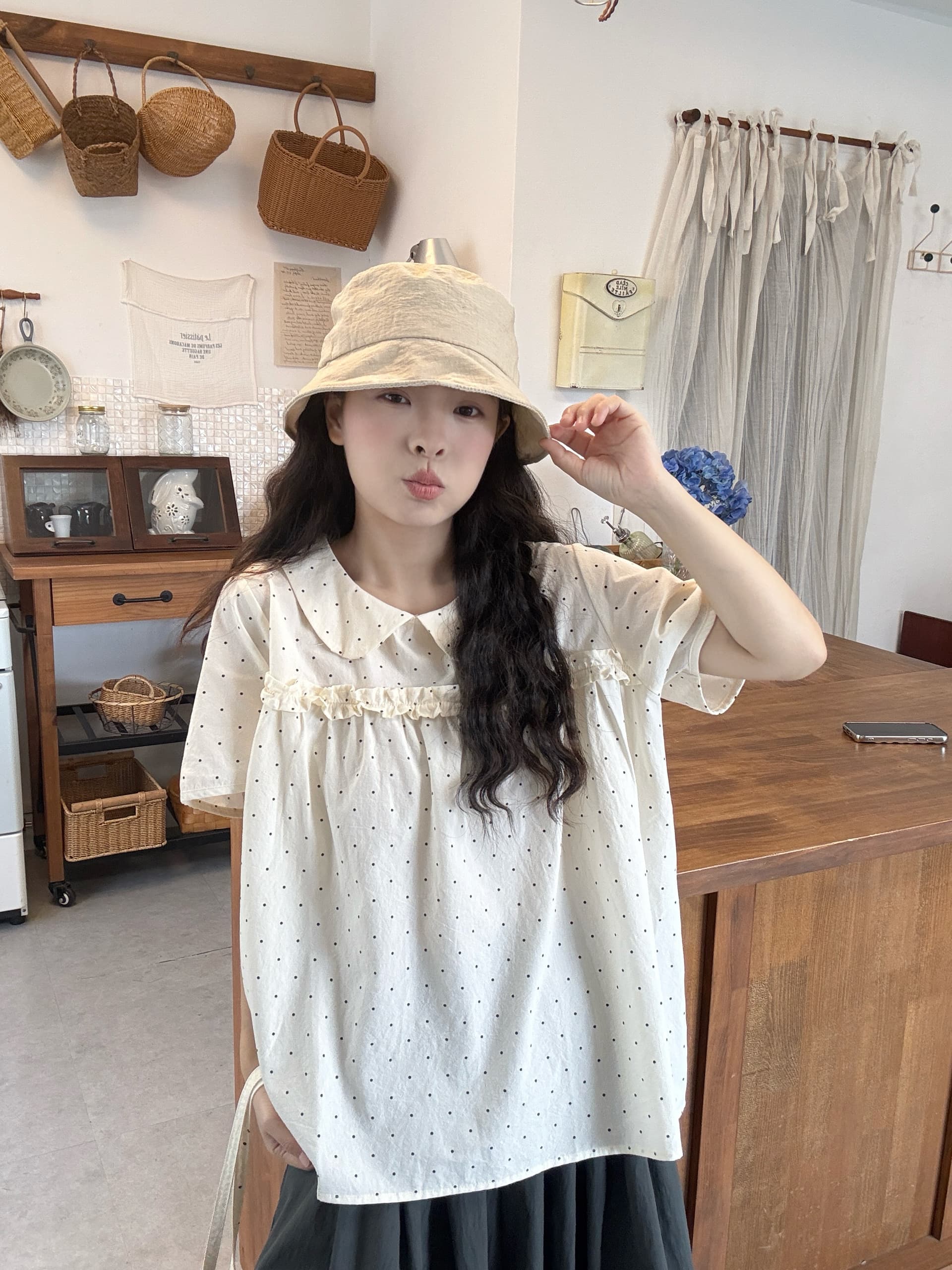 실사 베이비 칼라 도트 무늬 반팔 셔츠 8 점 바지 상세 이미지 9