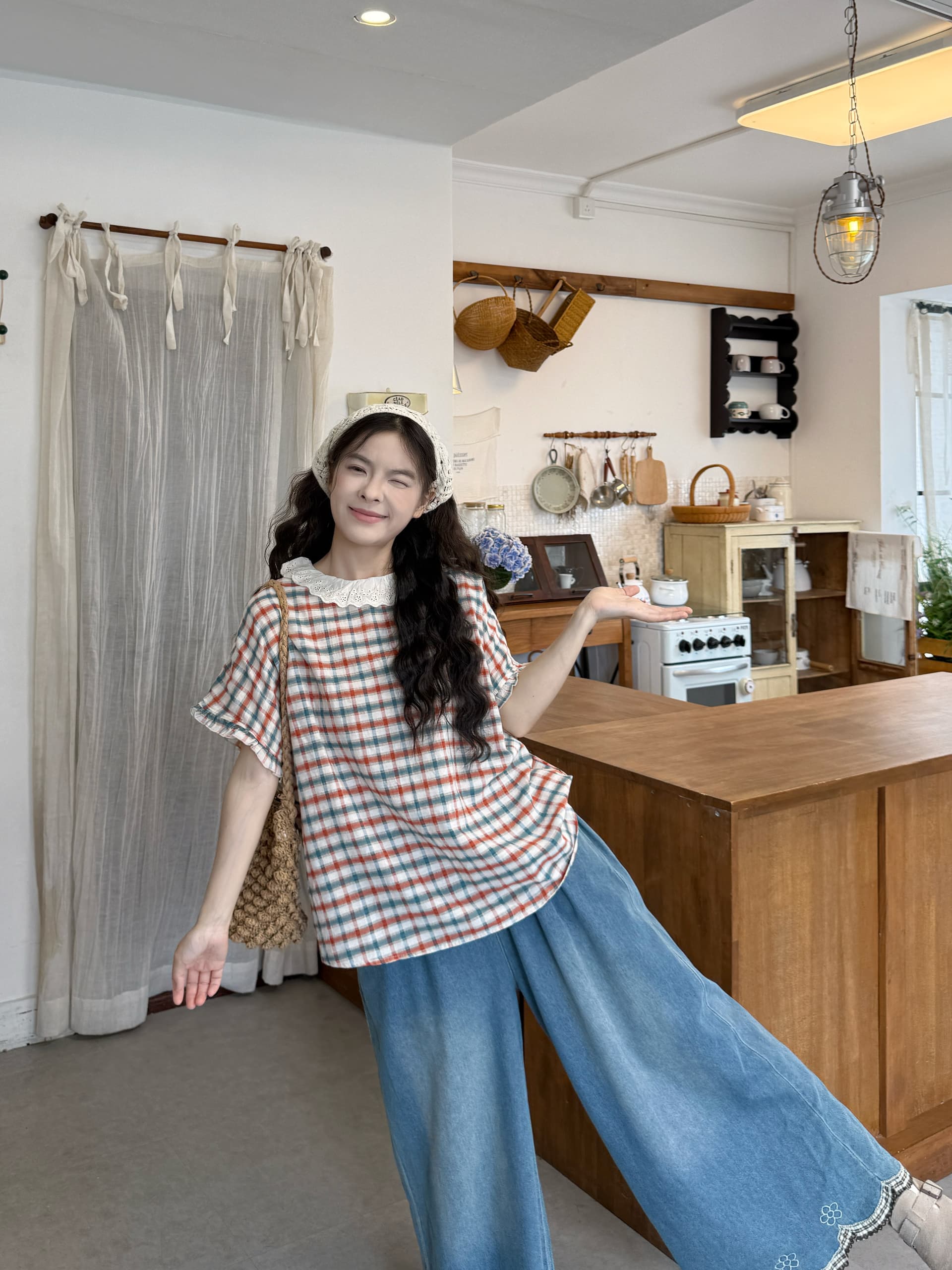 실사 레이스 칼라 체크무늬 반팔 맨위 청바지