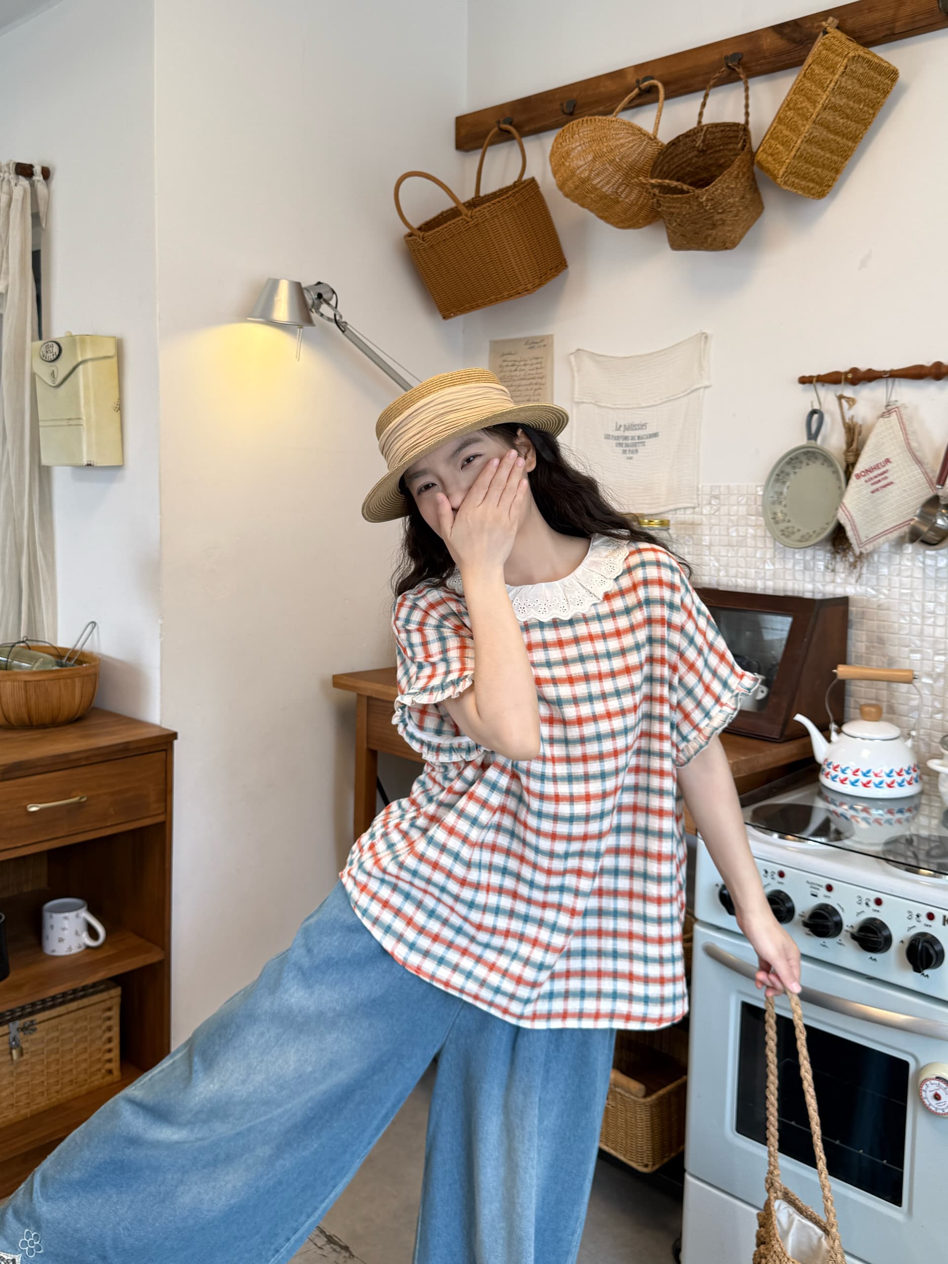 실사 레이스 칼라 체크무늬 반팔 맨위 청바지 상세 이미지 2
