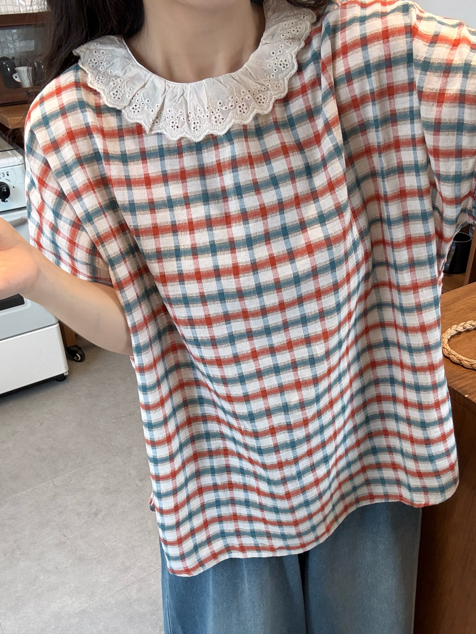 실사 레이스 칼라 체크무늬 반팔 맨위 청바지 상세 이미지 3
