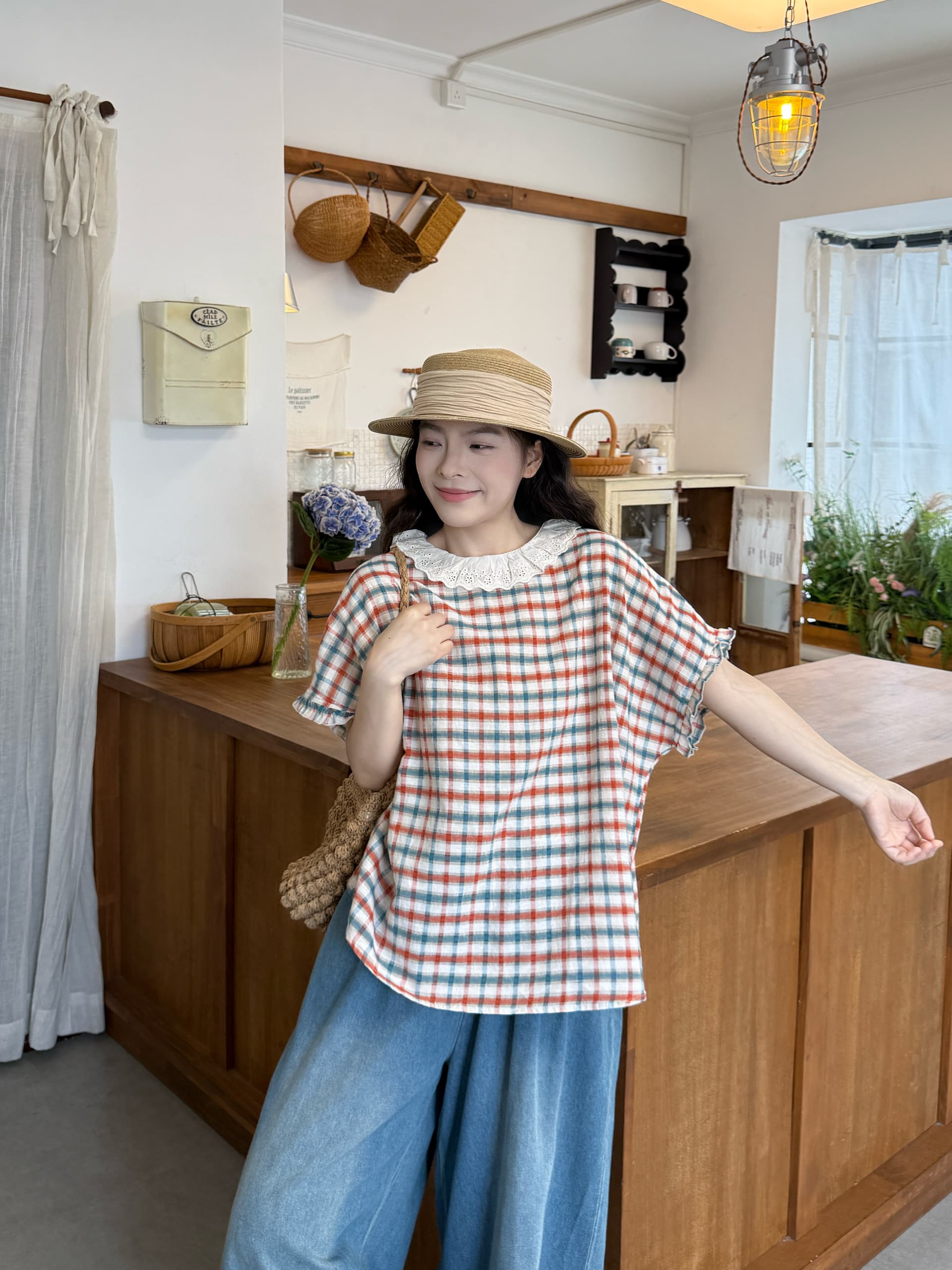 실사 레이스 칼라 체크무늬 반팔 맨위 청바지 상세 이미지 8