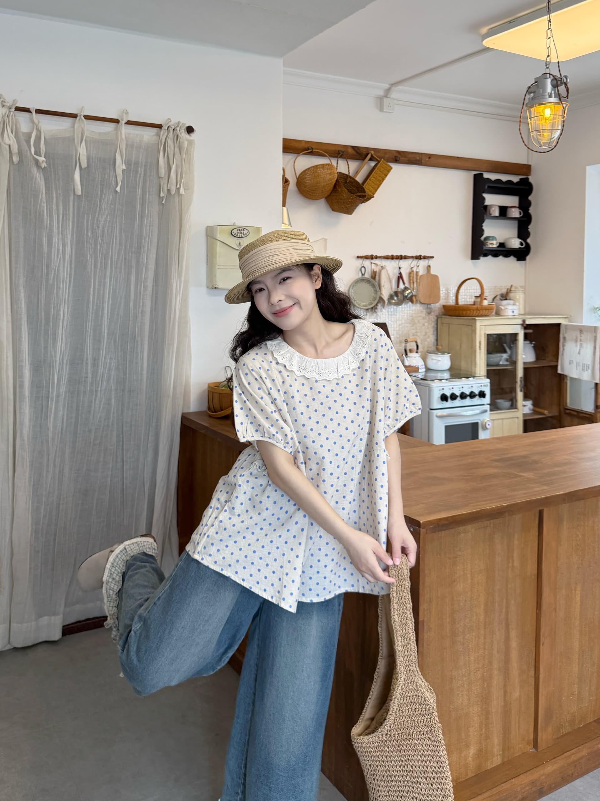 실사 레이스 칼라 도트 셔츠 청바지 상세 이미지 2